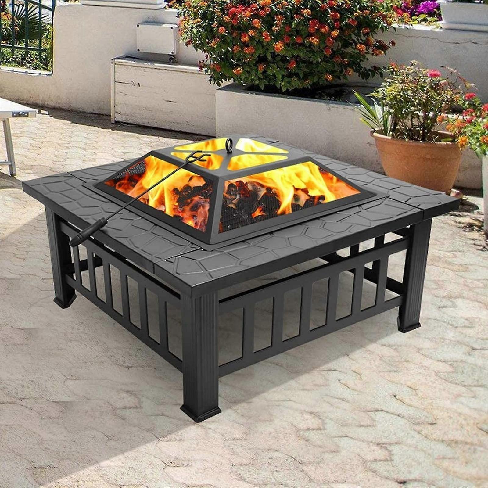 32 Inch Outdoor Fire Pit Table Wood Burning Rectangular Patio Firepit with Mesh Lid and Poker