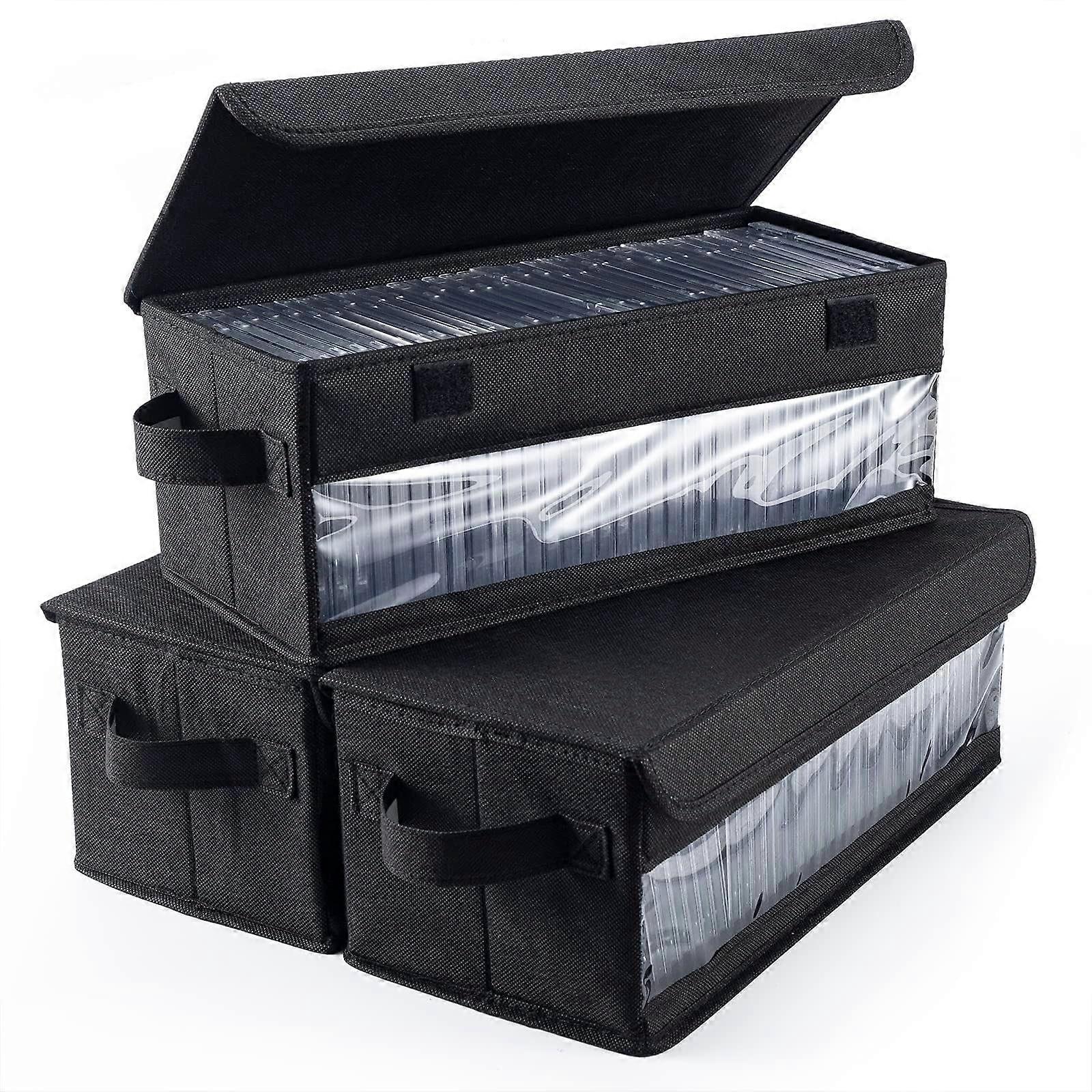 Black CD Storage Box Set 3Pack, Foldable DVD Organizer Bins with Handles and Clear View Sides