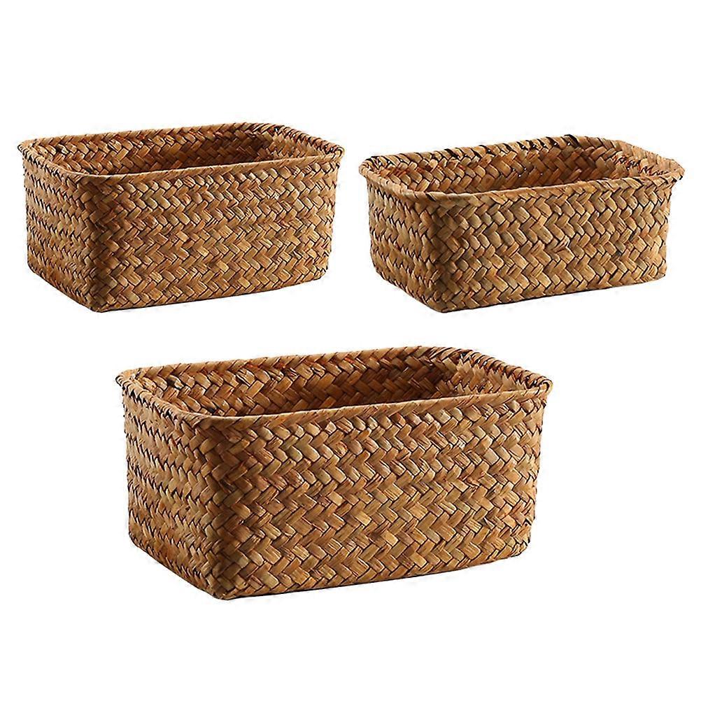 Small Straw Basket Containers for Storage Rectangular Shape 3Pcs for Home Use