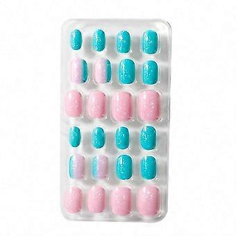 24pcs Colorful Press On Nails for Kids Girls, Cute Full Cover Fake Nail Art Set, Easy Application, D20 Blue Pink