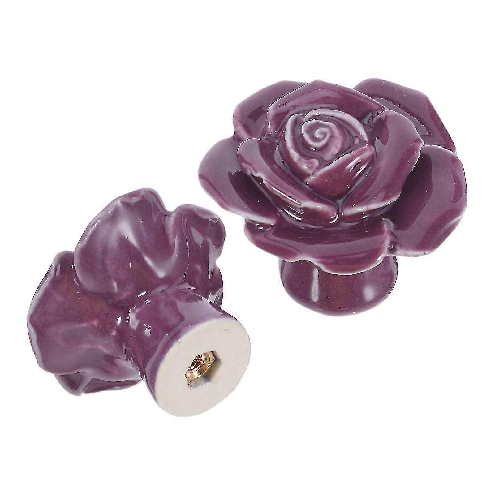 2pcs Rose Shaped Ceramic Kitchen Cupboard Cabinet Drawer Door Knobs Pull Handles (Purple)