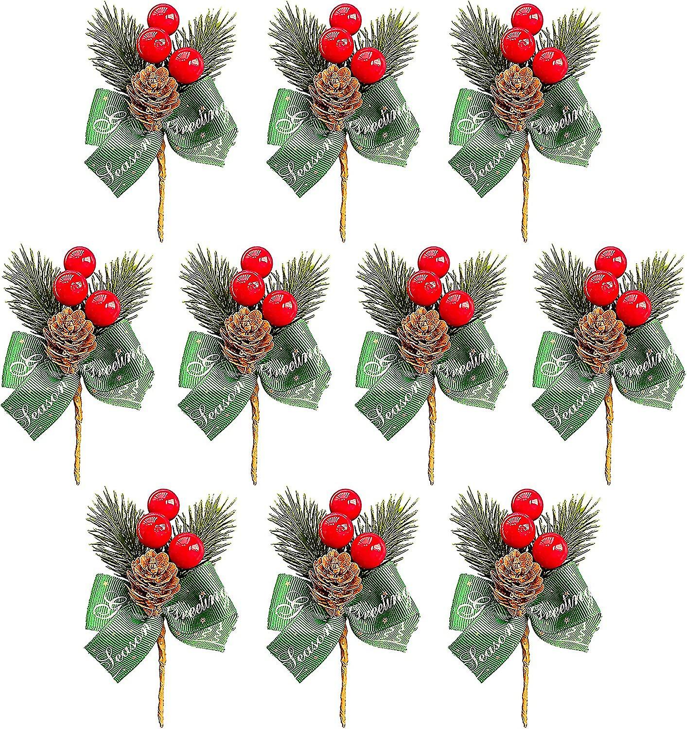 2024 Set Of 20 Artificial Pine Needles With Red Pine Cones Stems With Bow For Christmas Tree Decorations