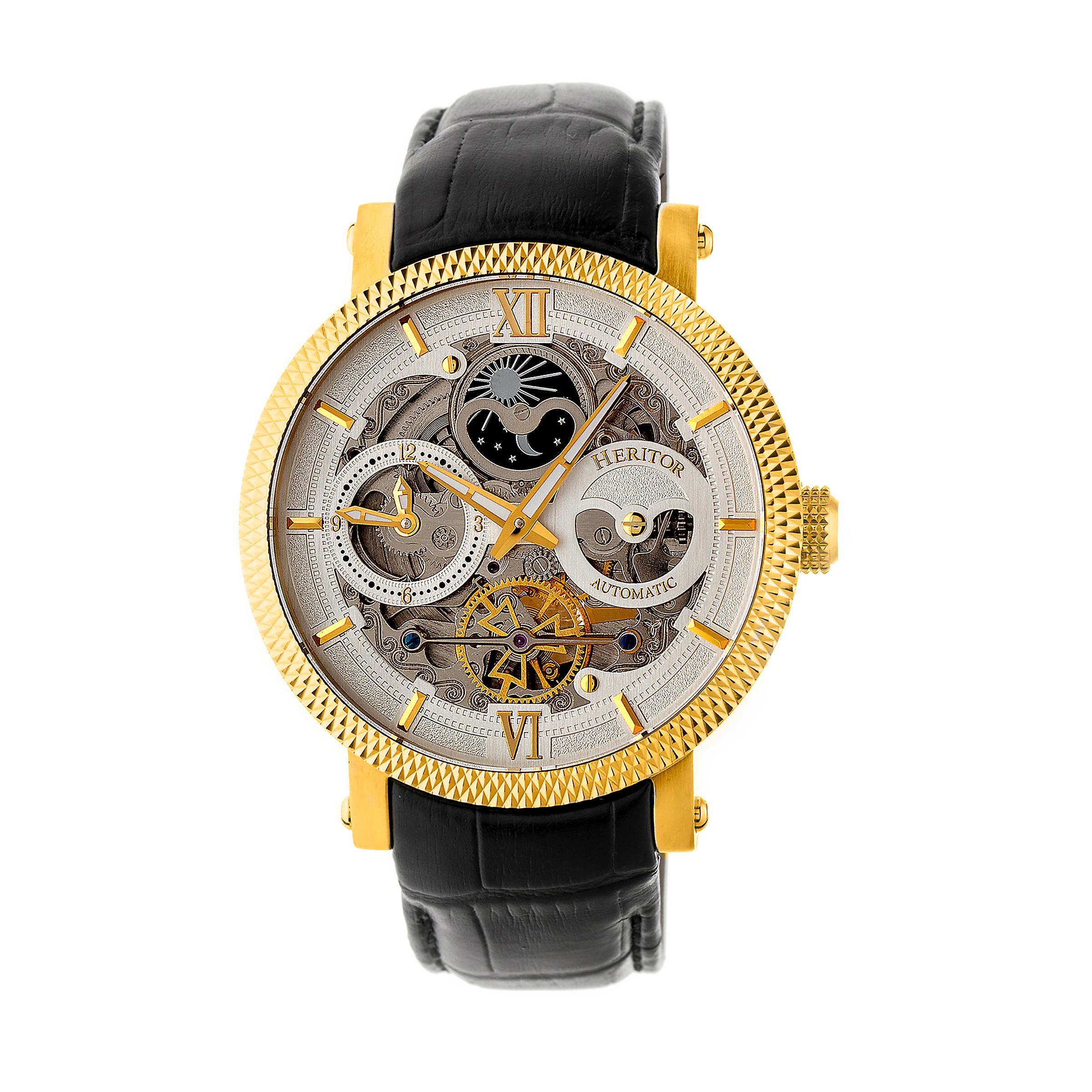 Heritor Automatic Aries Skeleton Leather-Band Watch - Black/Gold