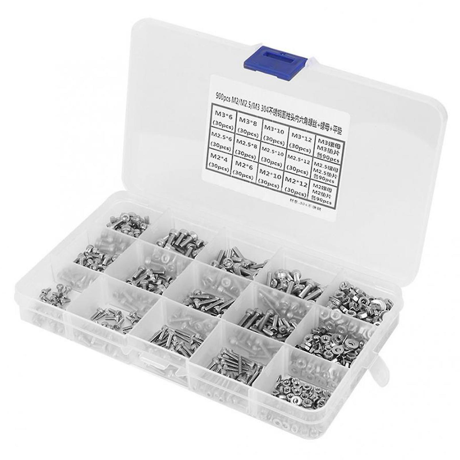 900pcs M2 / m2.5 / m3六角ソケットヘッドキャップネジボルトナットフラットワッシャー機械用ステンレススチールキット