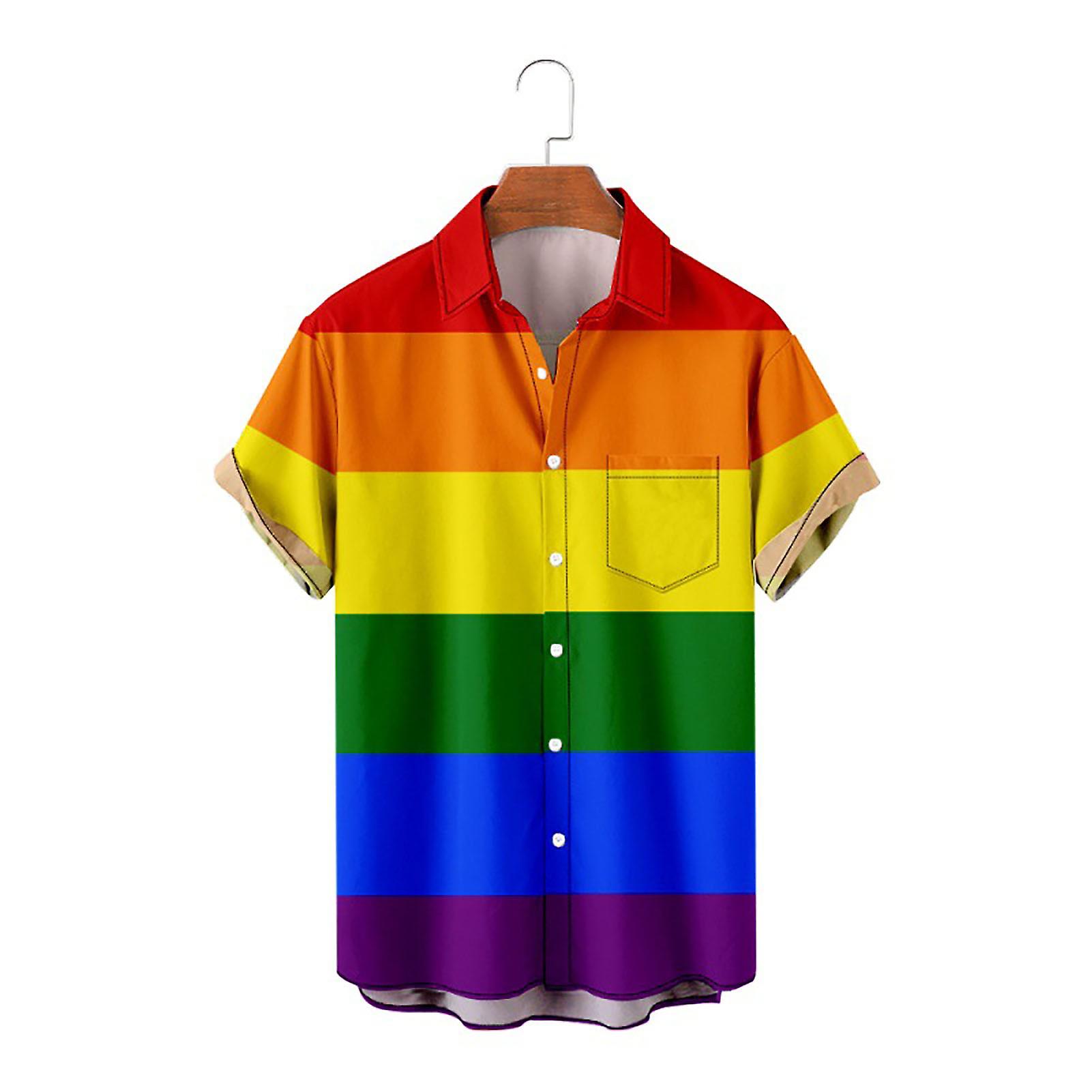 Men Summer Shirt Color Matching Bright Colors Turn-down Collar Single-breasted Short Sleeves Cooling Buttons Rainbow Color Plus Size Beach Shirt