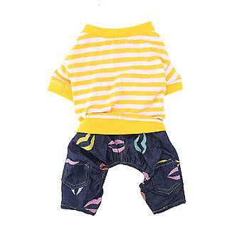 Gestreifter Pyjama-Overall für Hunde, Welpen und Katzen, für kleine Haustiere, Baumwollkleidung, Kostüm (Gelb + Weiß, L)