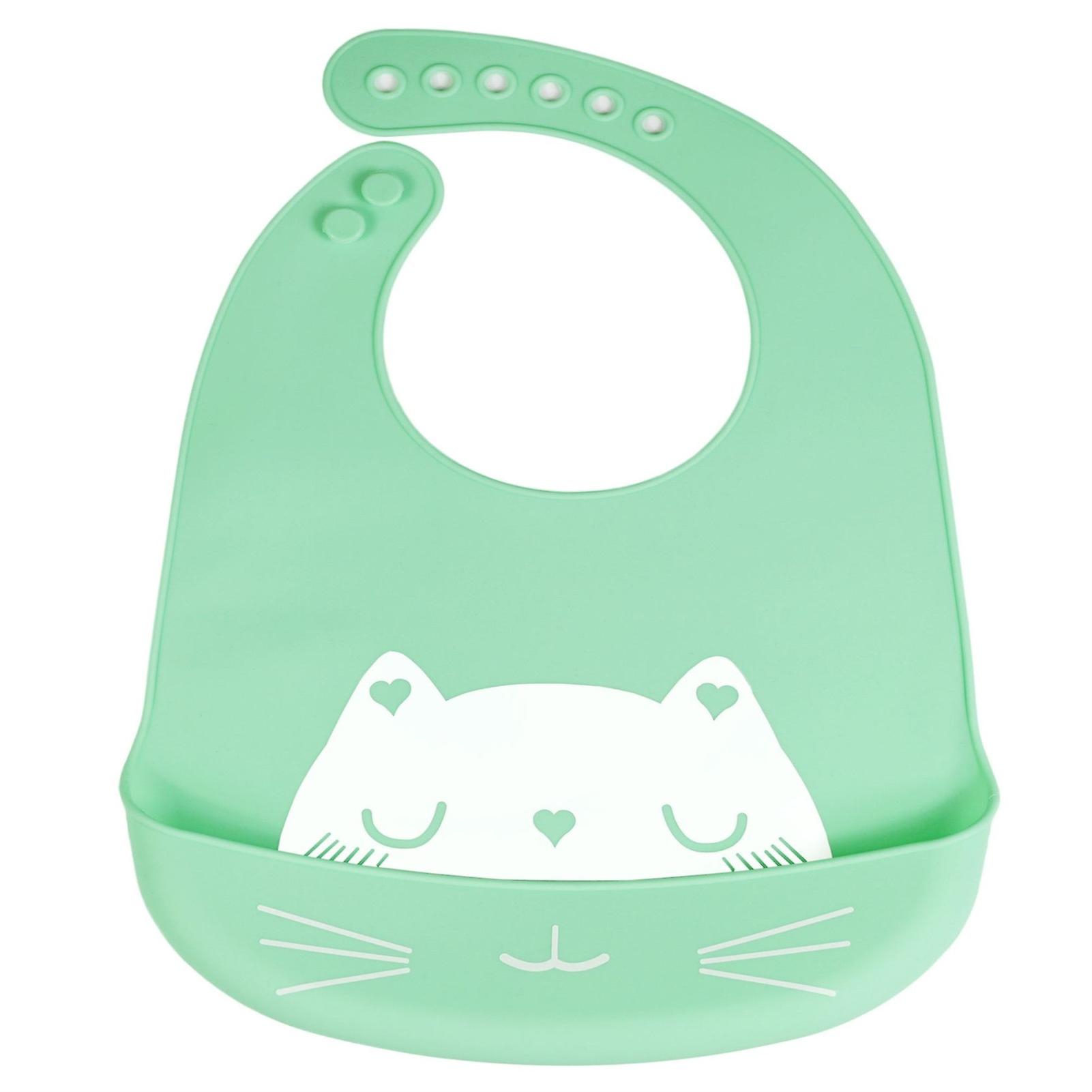 Baby Silicone Bib with Cat Pattern, Waterproof, Adjustable, Green