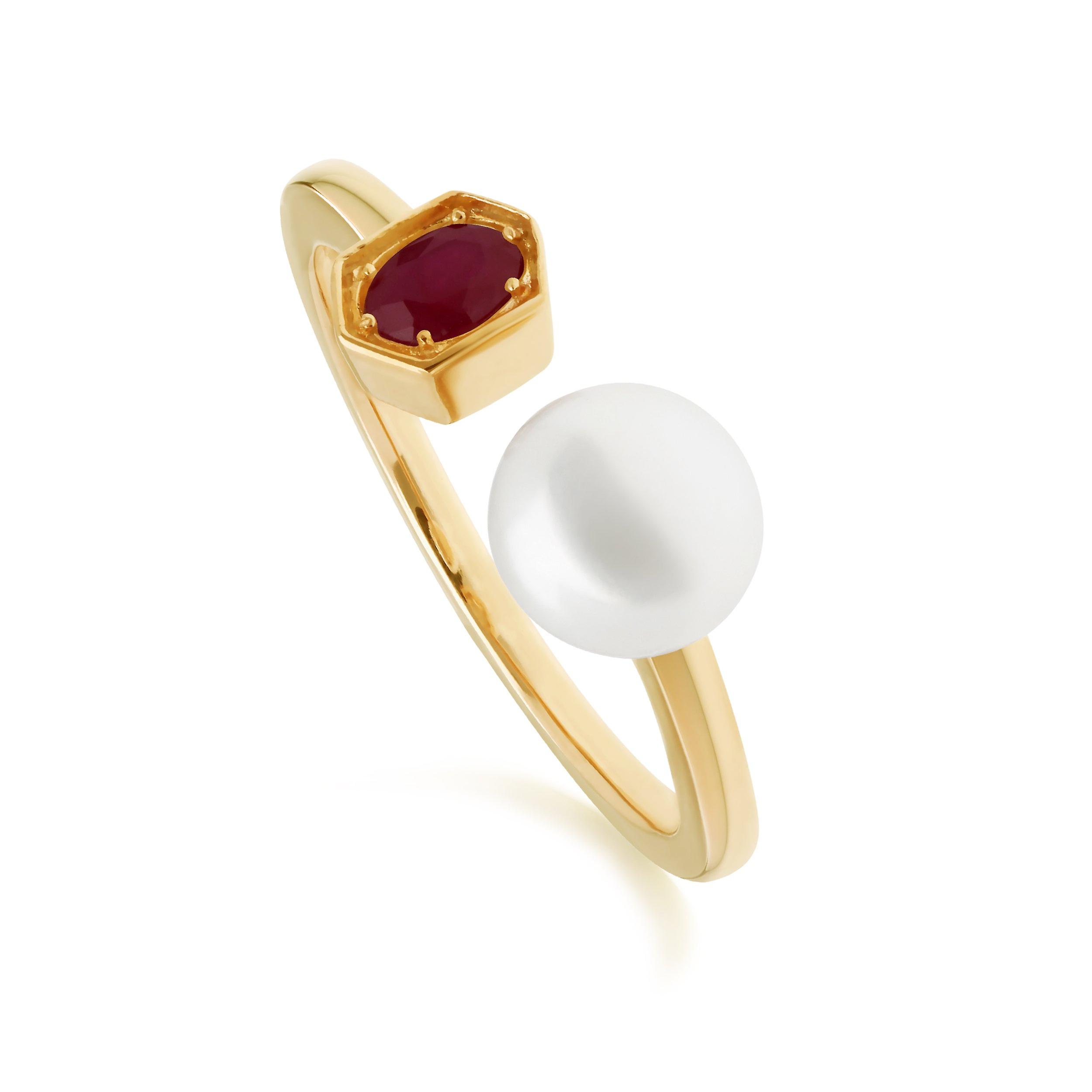 Modern Pearl & Ruby Open Ring in Gold Plated Sterling Silver  270R058702925