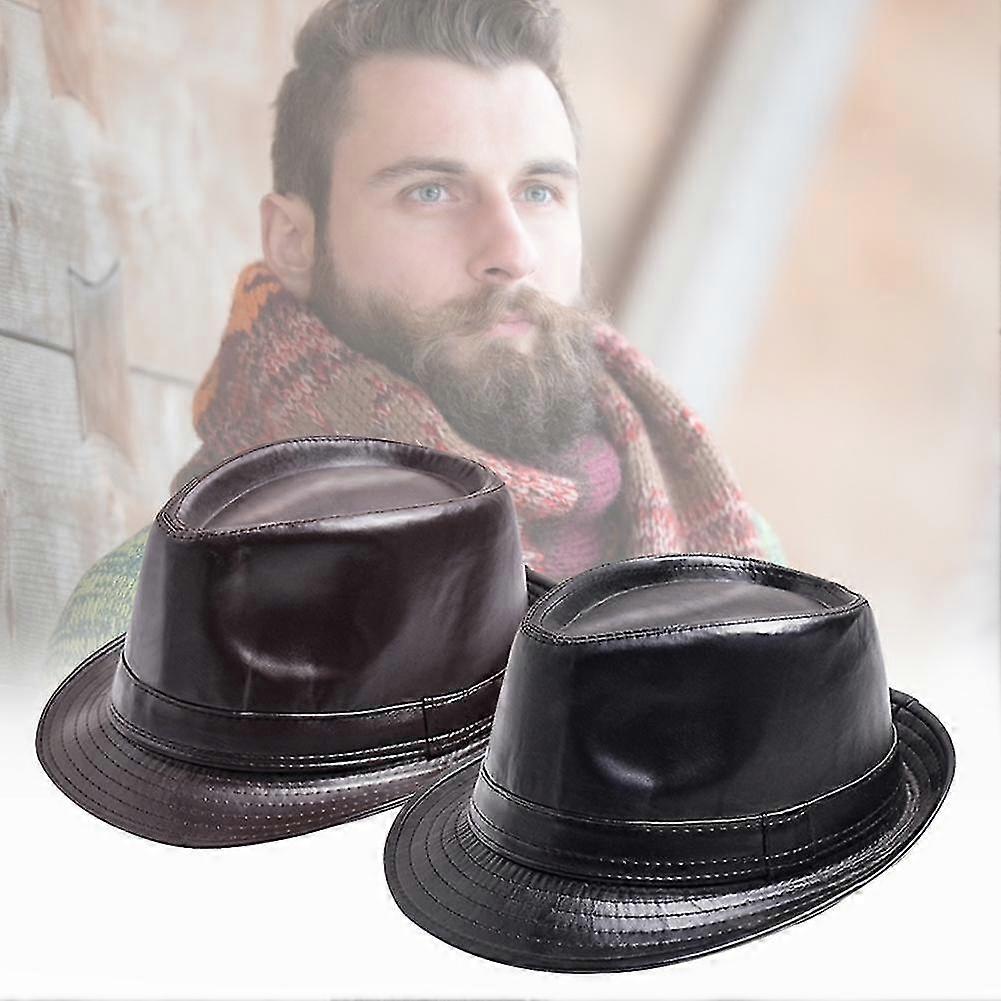 Fashion Vintage Hat Gentleman Classic Fedora Hat Pu Leather Jazz Cap With  Large Brim For Dinner Party