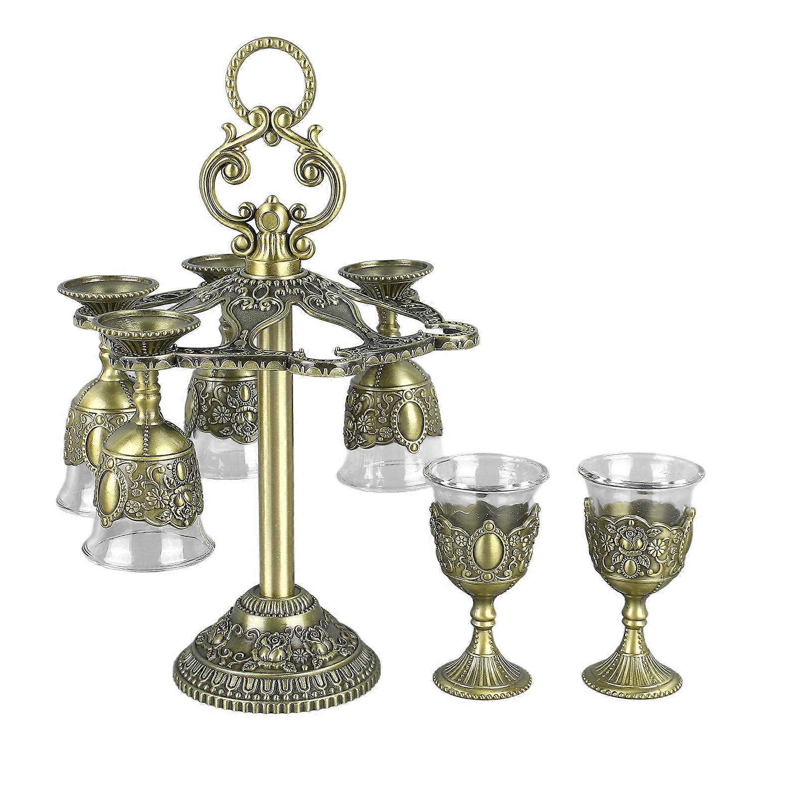 Chinese Chalice Set of 6 Retro Style Zinc Alloy Embossed Flower Pattern Cups for Party and Banquet