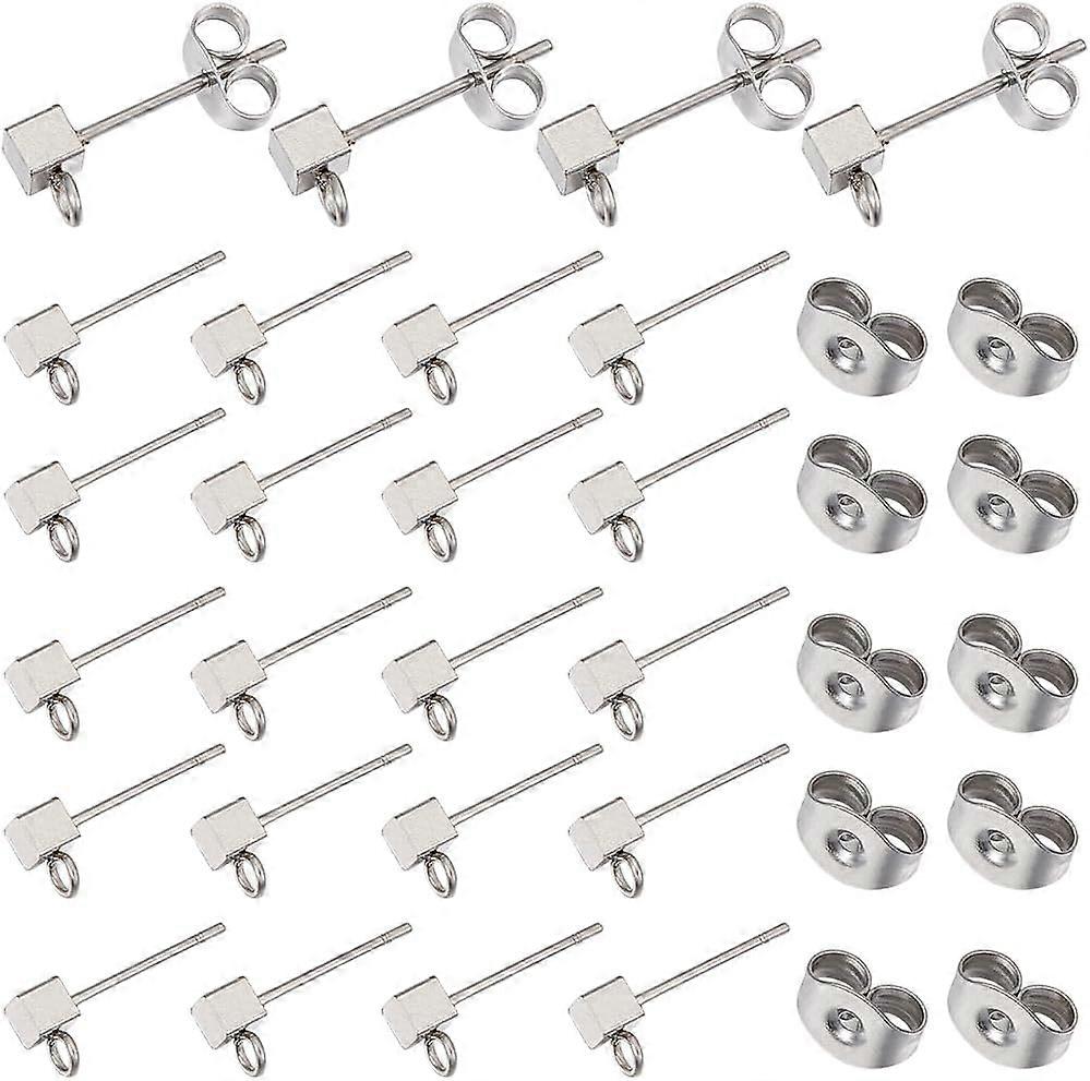 1 Box 50Pcs 304 Stainless Steel Earring Posts Cube Stud Earring with Loop 0.5mm Pin Silver Butterfly Ear Nuts Earring Posts and Backs Studs for Jewelr