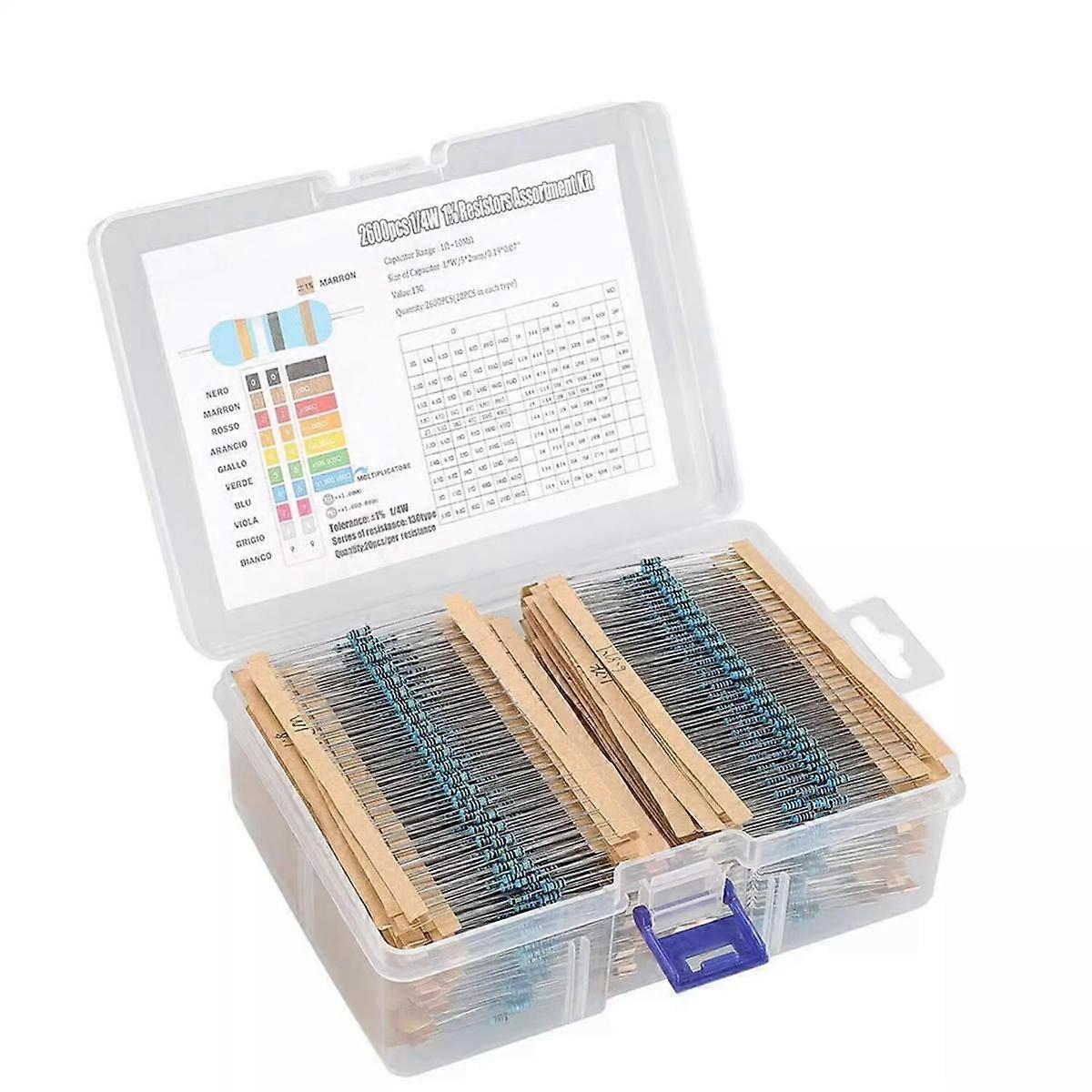 2600st 130 värden motstånd sortiment kit 1 ohm - ohm 0,25W 1/4W metallfilm motståndssats för elektronisk krets DIY