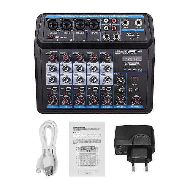 U6 Musical Mini Mixer 6 Channels Audio Mixers BT USB Mixing Console with Sound Card Built-in 48V Phantom Power EU Plug