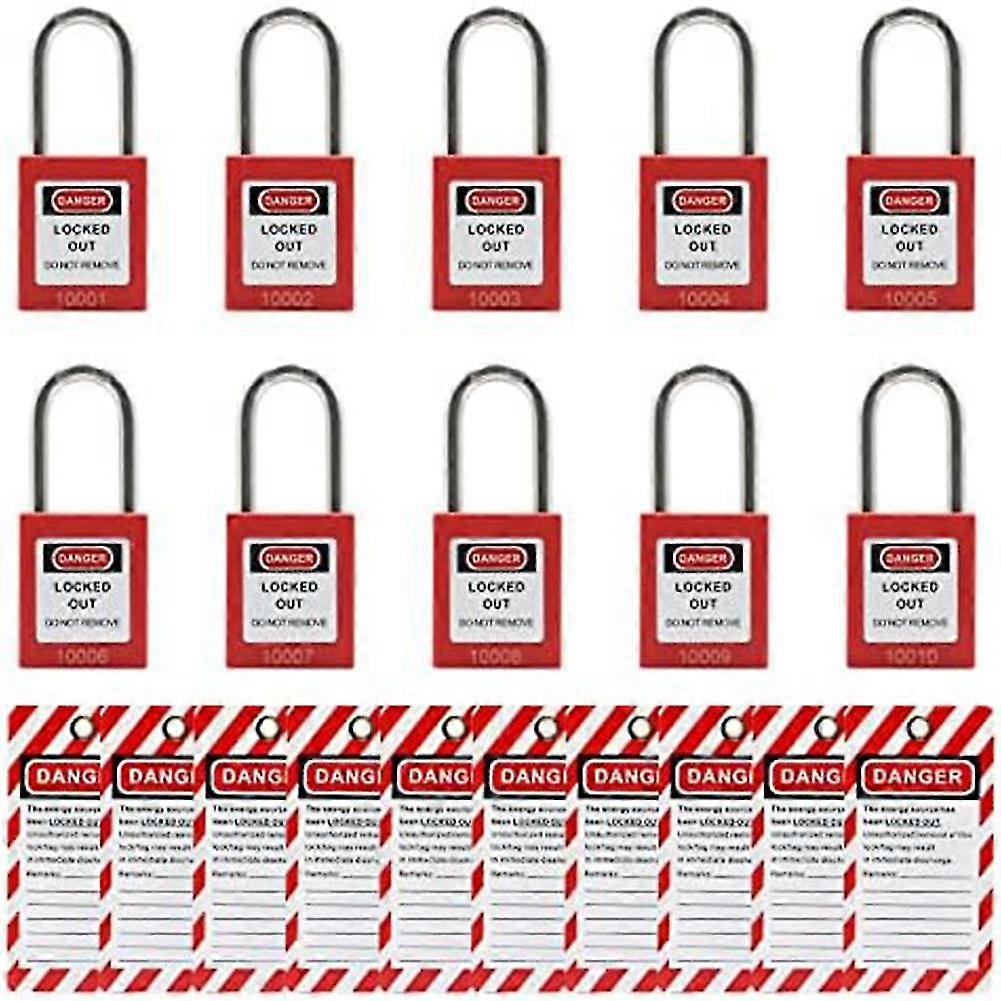 10 أقفال Tagout حمراء مع 10 علامات قفل خارج العلامة ، أقفال أمان مختلفة ، متوافقة (أحمر ، مفاتيح مختلفة)