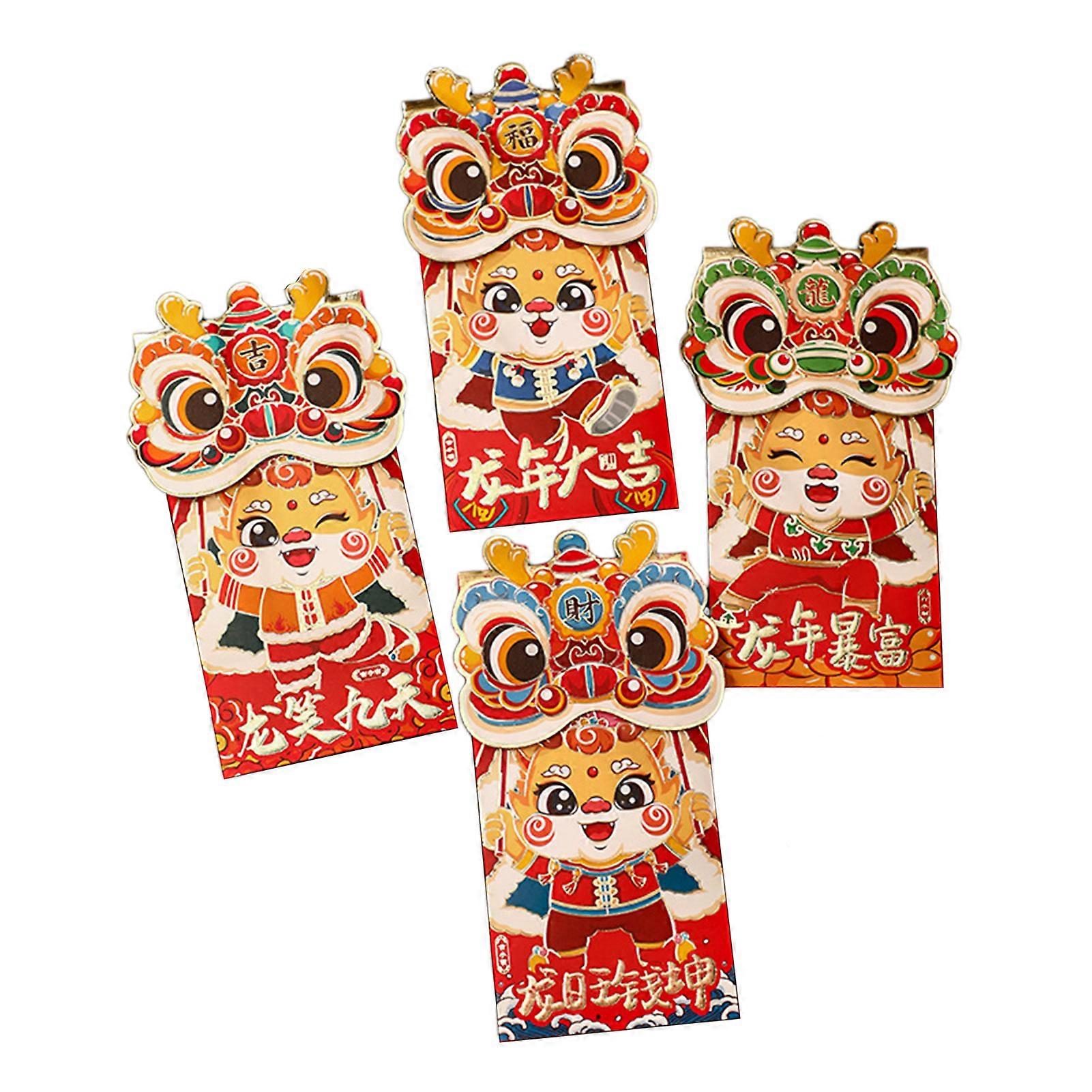 4Pcs Red Envelope Chinese New Year Red Packet Cute Cartoon Dragon Design Good Luck Money Envelope for Festive