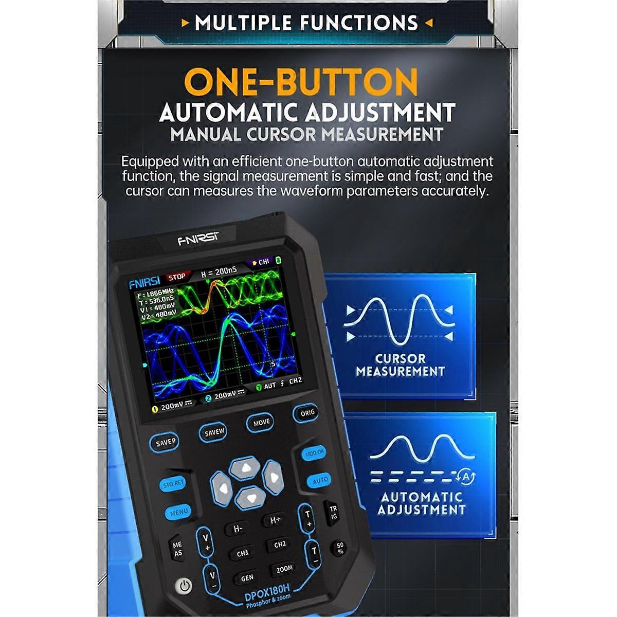 FNIRSI DPOX180H Ručný 2-kanálový digitálny osciloskop 180MHz-3DB 2 v 1 Generátor funkčných signálov Fluorescenčný displej EU Plug
