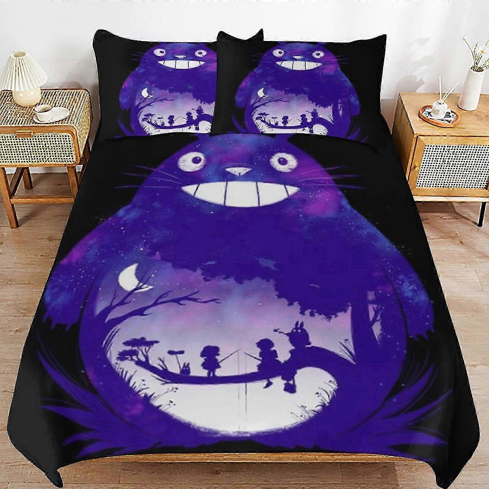 o2376 Prostěradla My Neighbor Totoro Povlečení na přikrývku z mikrovlákna Lehké 3D tištěné 3dílné přikrývky Se, (1 povlak na přikrývku a 2 povlaky na polštář