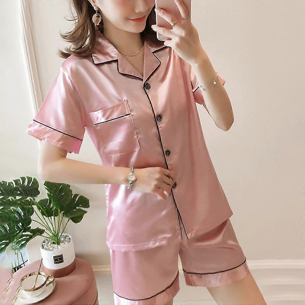 Women Short Sleeve Silk Satin Pyjamas Pjs Set Button Top Shorts Nightwear Loungewear