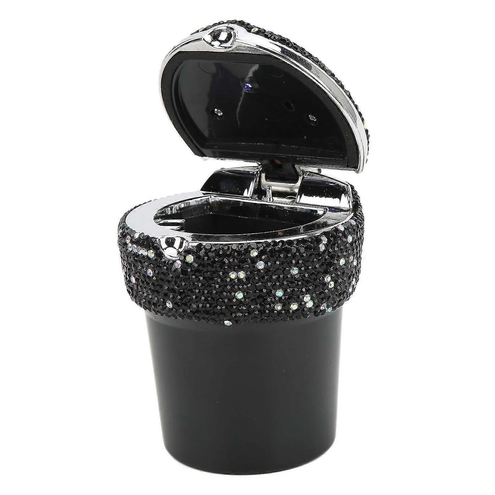 Black Universal Car Ashtray Diamond-Studded Smokeless Container with LED Light Indicator