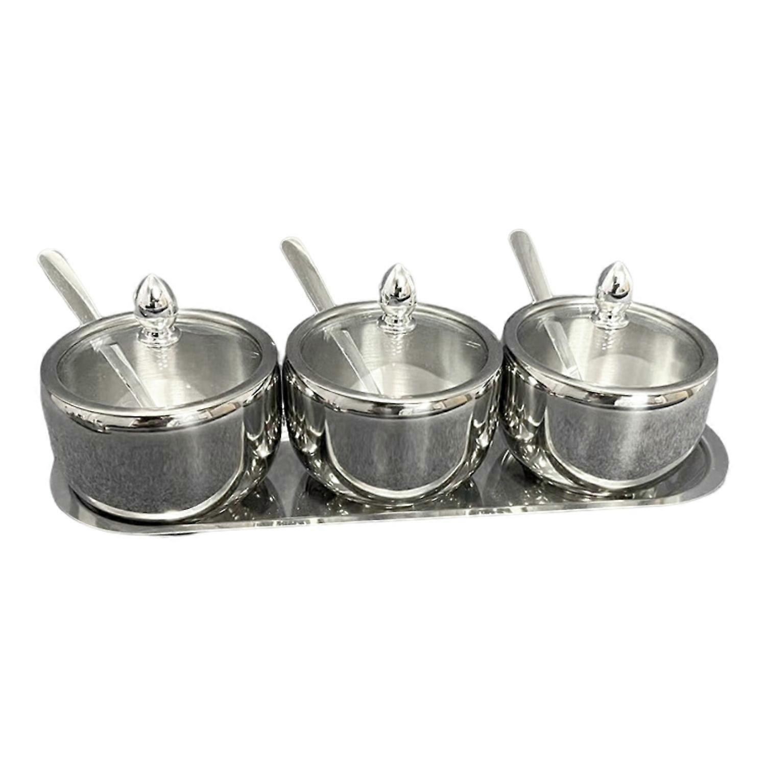 Stainless Steel Seasoning Containers Set with Lid Spoon Tray 3 Grids Condiment Jar Spice Container