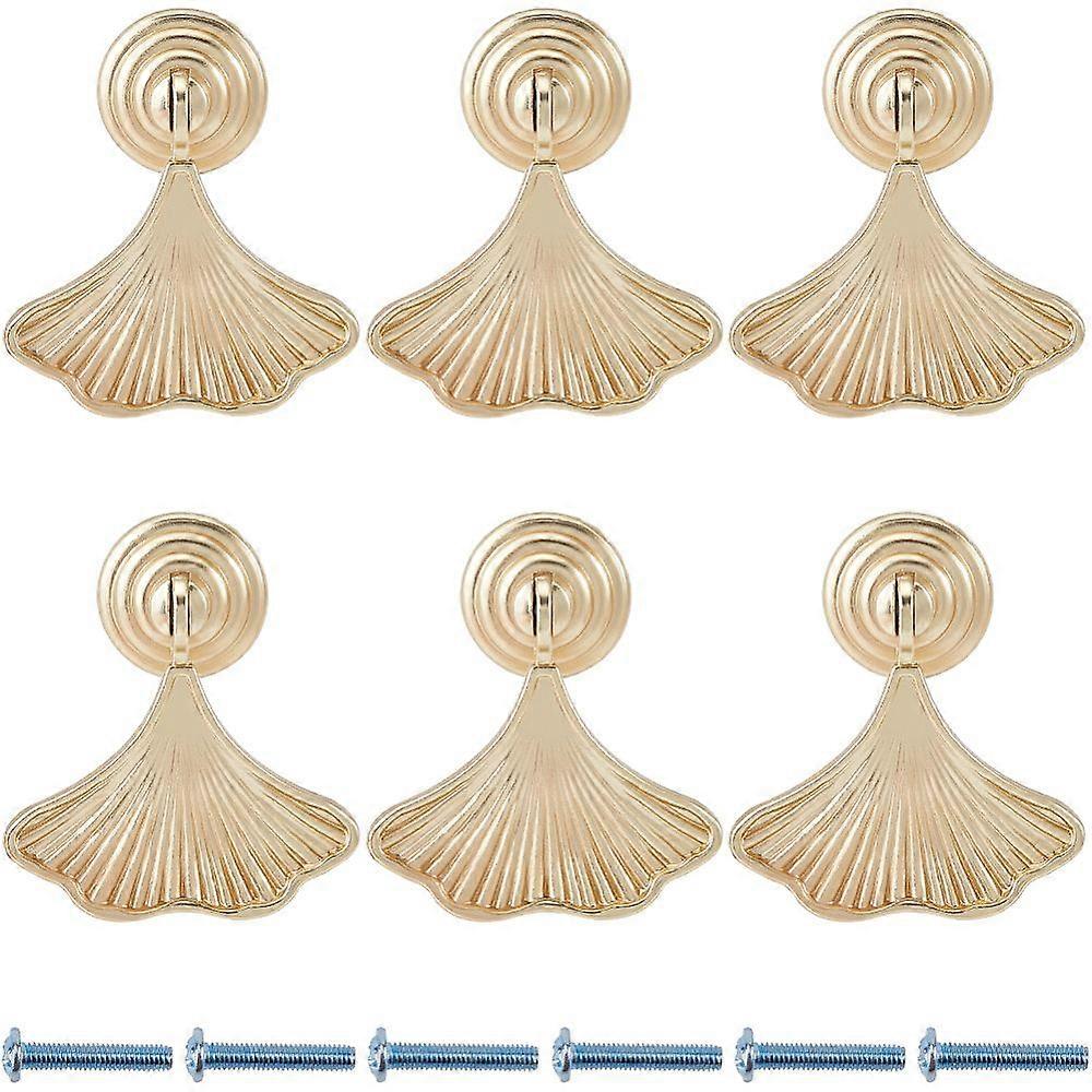 6 Sets Ginkgo Leaf Alloy Drawer Cabinet Drop Pull Handles with Iron Screw Doorknob Accessories Matte Gold Color 59mm