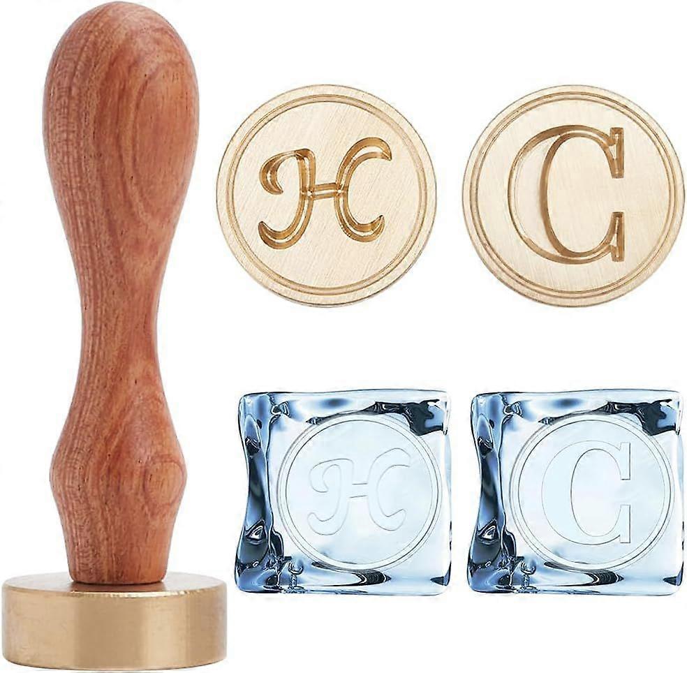 Letter Ice Stamp Set 2Pcs 1.2" Stamp Heads+1Pc Wooden Handle Initials C H Ice Cube Branding Stamps Removable Brass Head Replacement for Cocktail Party