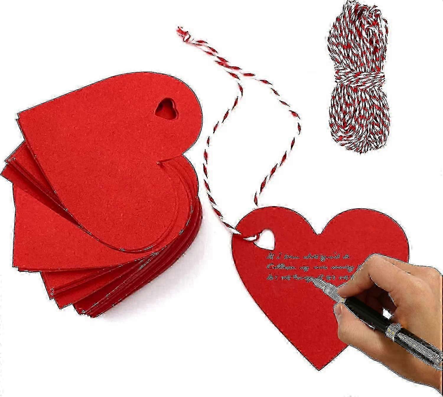 100 Pieces Red Tags Shaped - Hearts Tags - With 10 Metres Of Red And Wh
