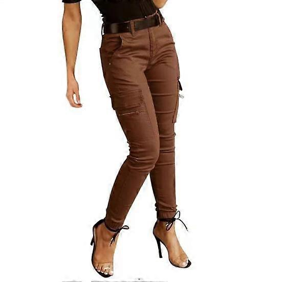 Slim Fit Cargo Low-Rise Button Color Pencil Zipper Fly Solid Pants Women Pants Multi-Pockets Design Leggings