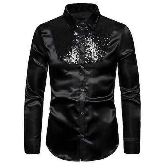 Men Solid Color Long Sleeve Shiny Sequins Buttons Stage Business Nightchlub Shirt