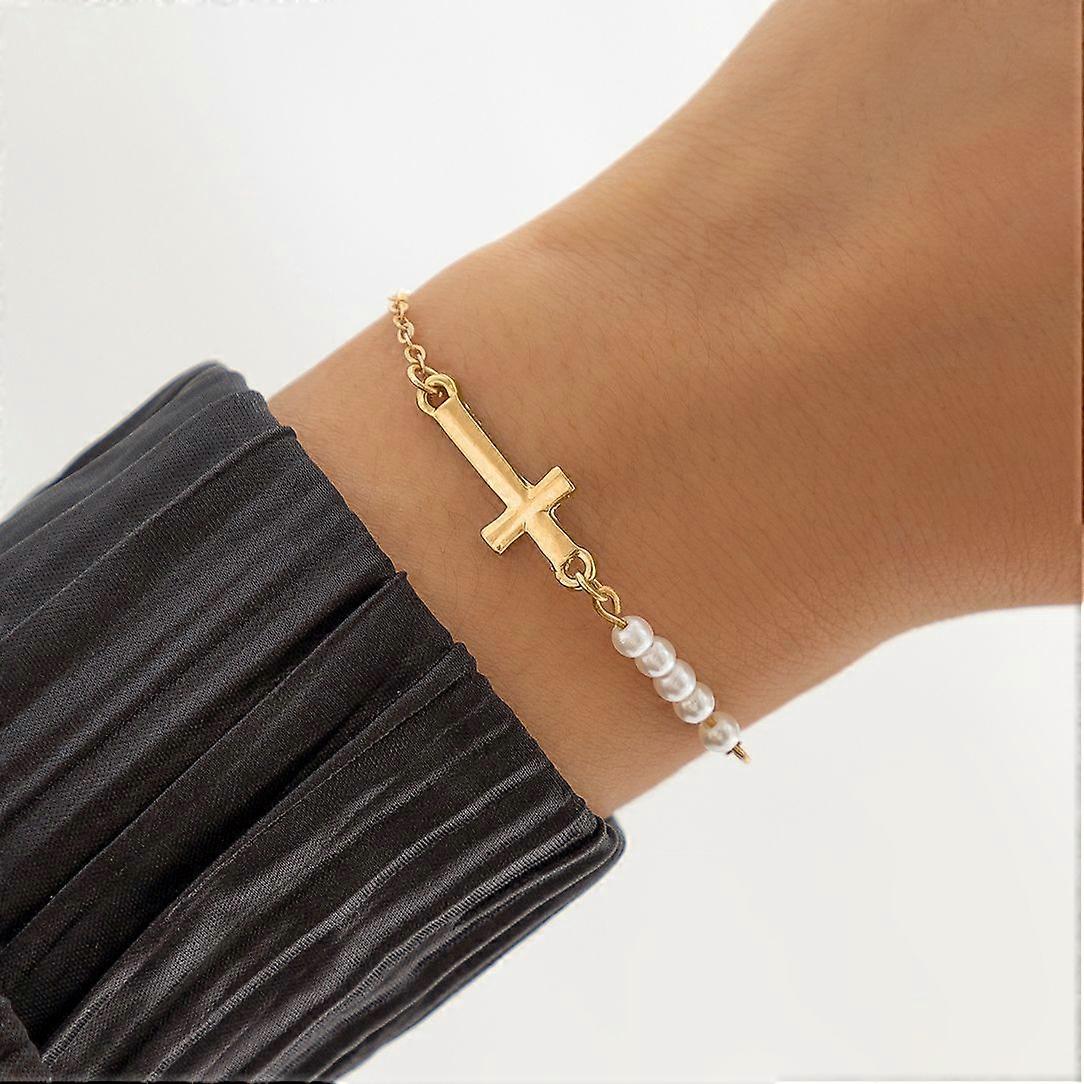 Ingemark Kpop Simple Jesus Cross Pendant Bracelets For Women Adjustable Imitation Pearl Chain Charm Bangles Couple Hand Jewelry