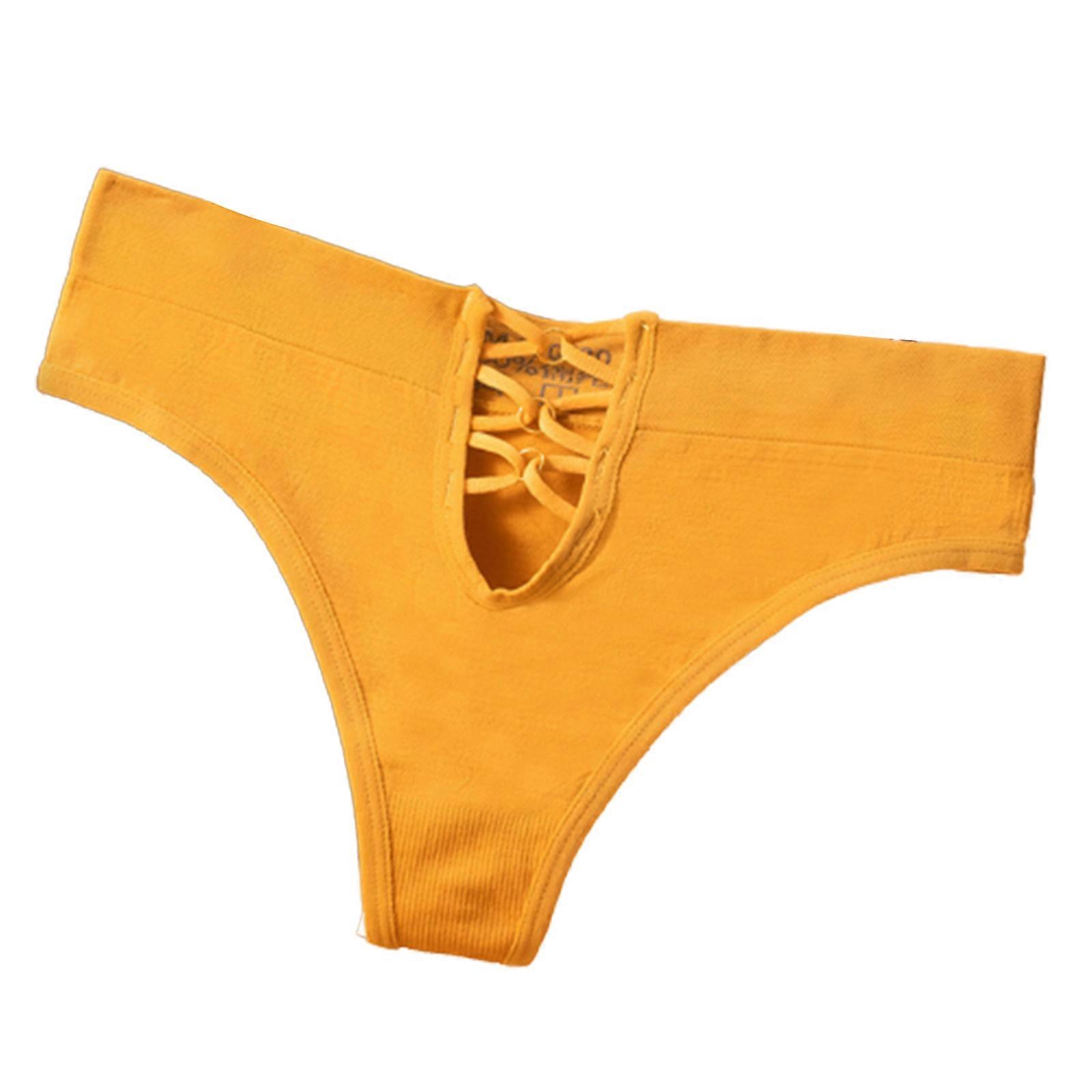 Femmes Taille Basse Sans Couture String Culotte Sexy Évider Entrecroisé Strappy Front Sous-Vêtements G-String Couleur Unie Slips M Jaune