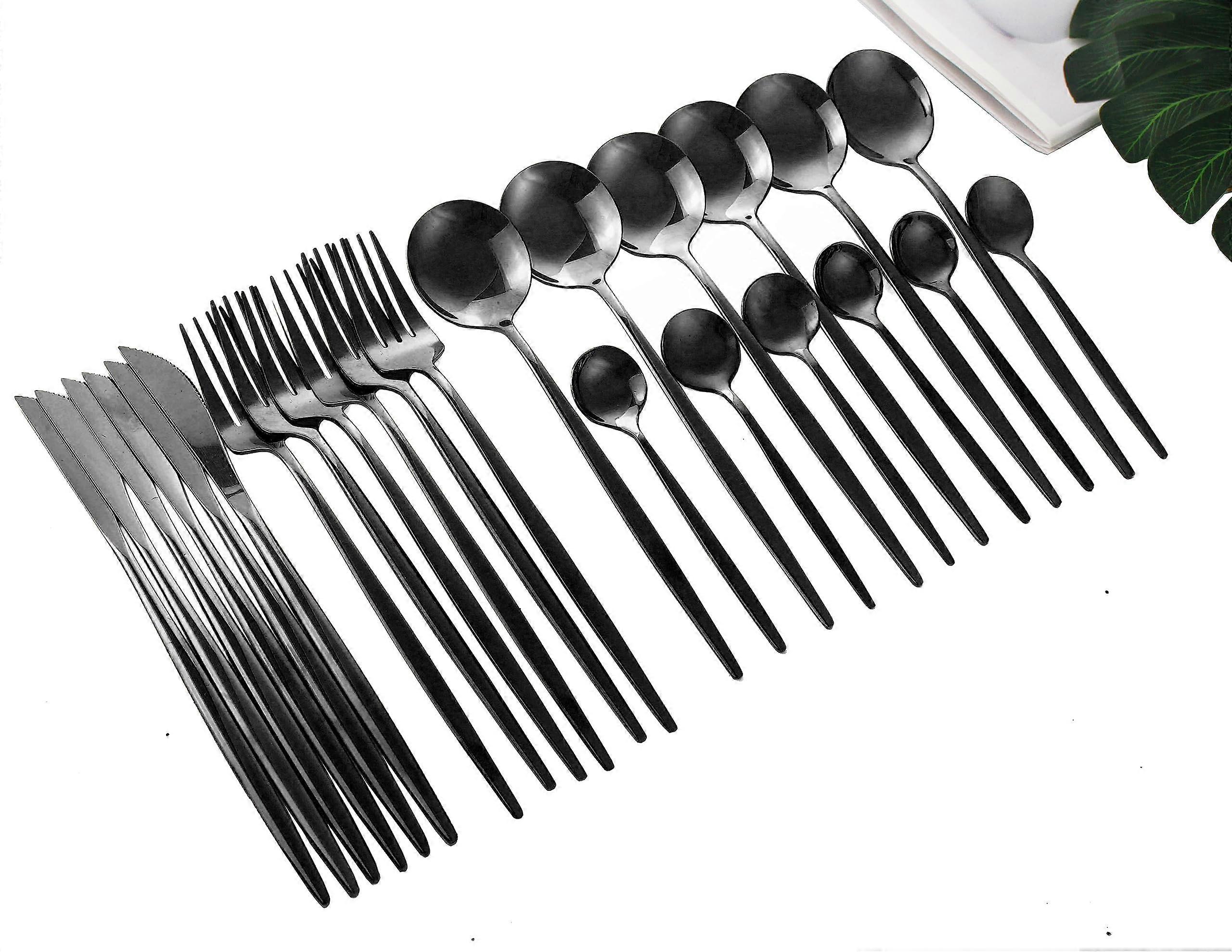 24-Piece Black Silverware Set for 6, Korean Mirror Polished Stainless Steel Cutlery, Modern Flatware with Forks, Spoons, Knives