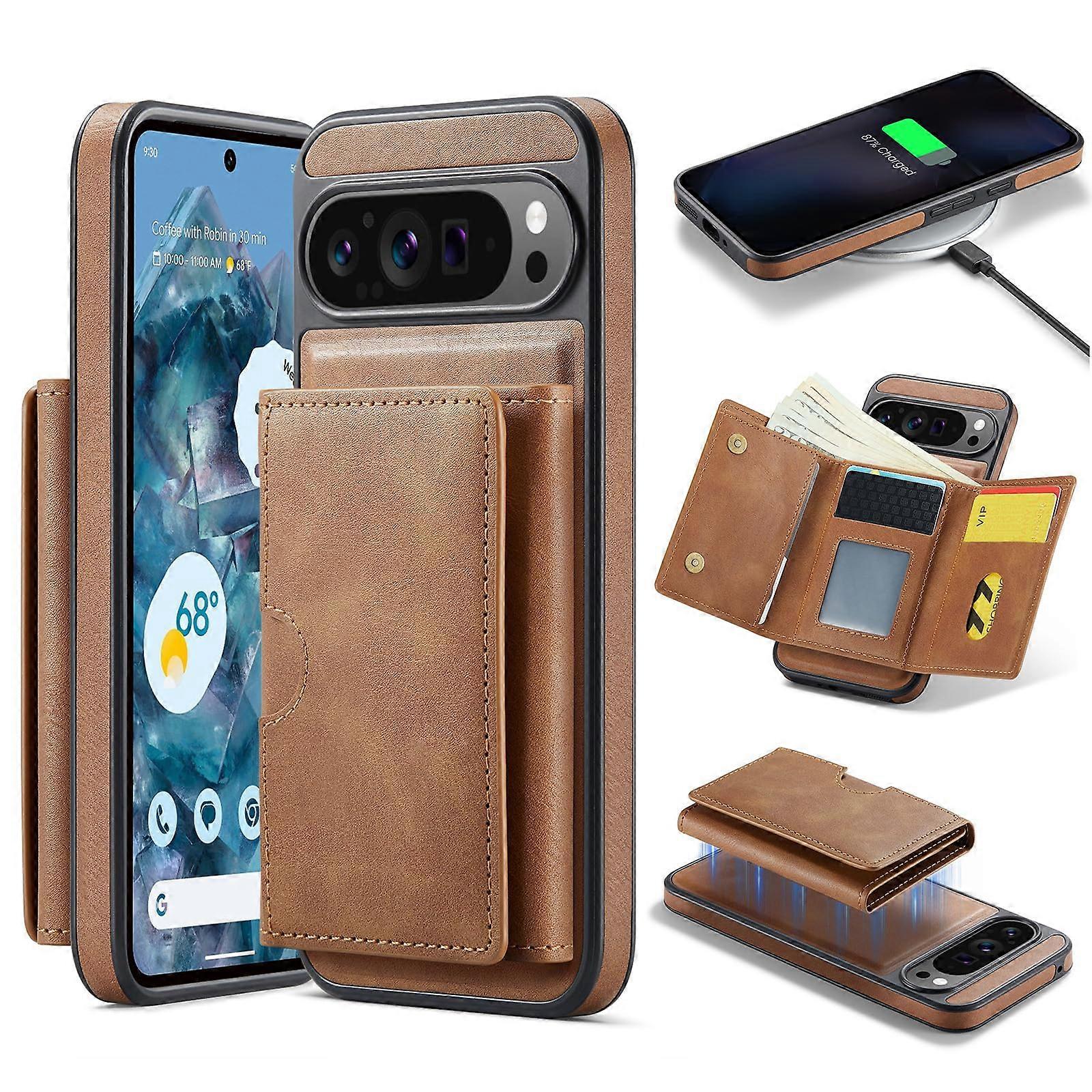 Phone Case for Google Pixel 9 Pro XL Wallet Magnetic Cover RFID Blocking Card Holder Wireless Charging Stand Brown