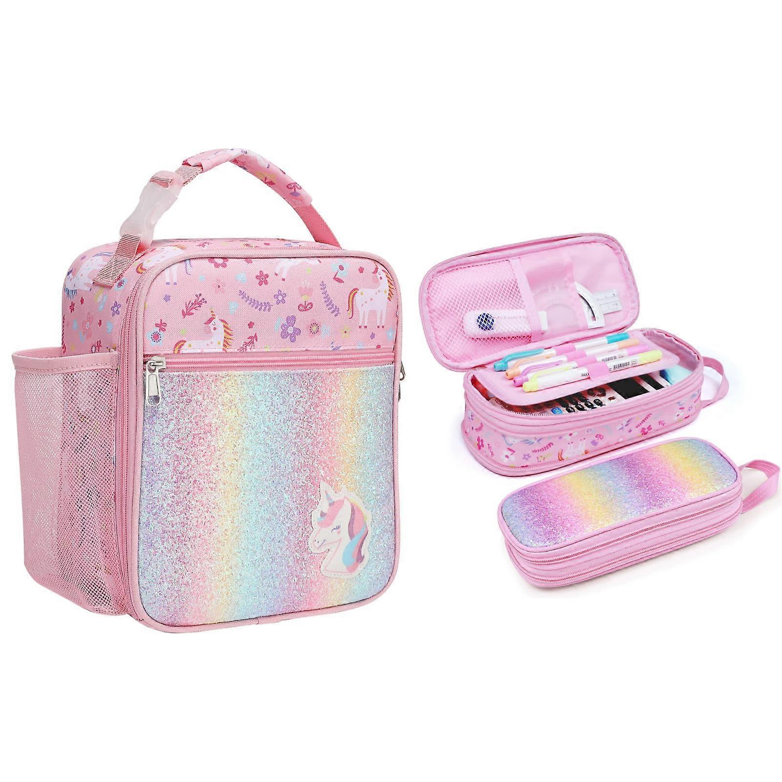 Kids Lunch Bag Insulated Bundle With Expandable Pencil Case, Pink Unicorn, Polyester Material, School Lunch Kit