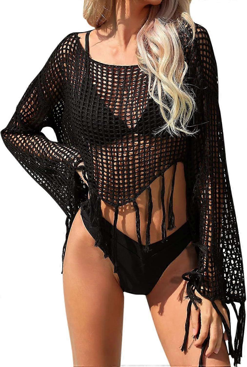 Fringed bikini open-knit sun cover-up, M