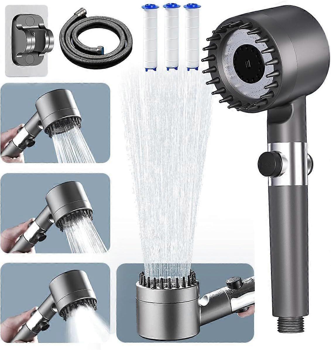Set Grey High Pressure Shower Head, Filtered Shower, 4 Types Shower Heads with Water Shut-Off Button, with 1.5m Shower Hose and Shower Holder, Hand Sh