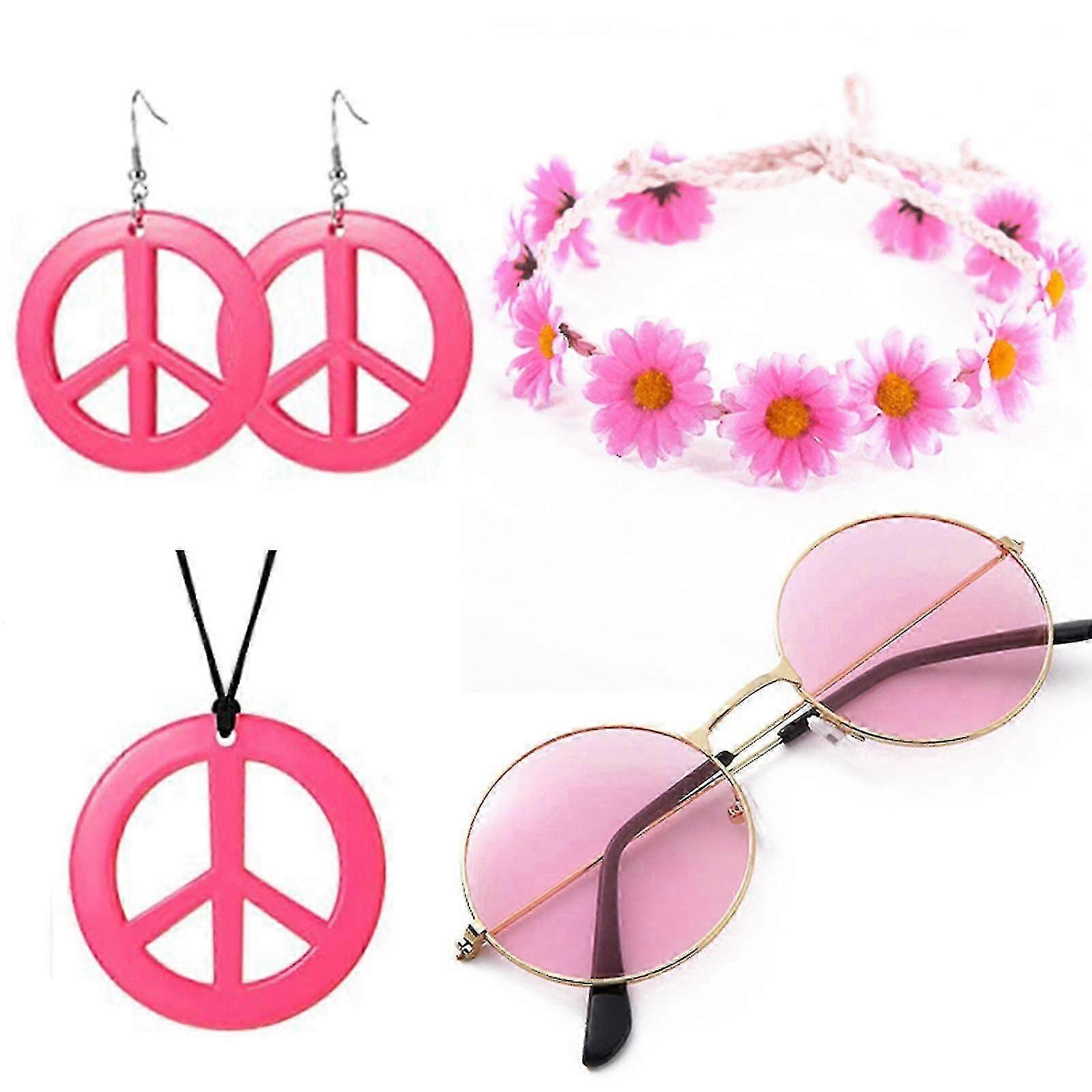 Hippies Costume Set Include Sunglasses, Headband, Peace Sign Necklace And Earring - q35 - Ya