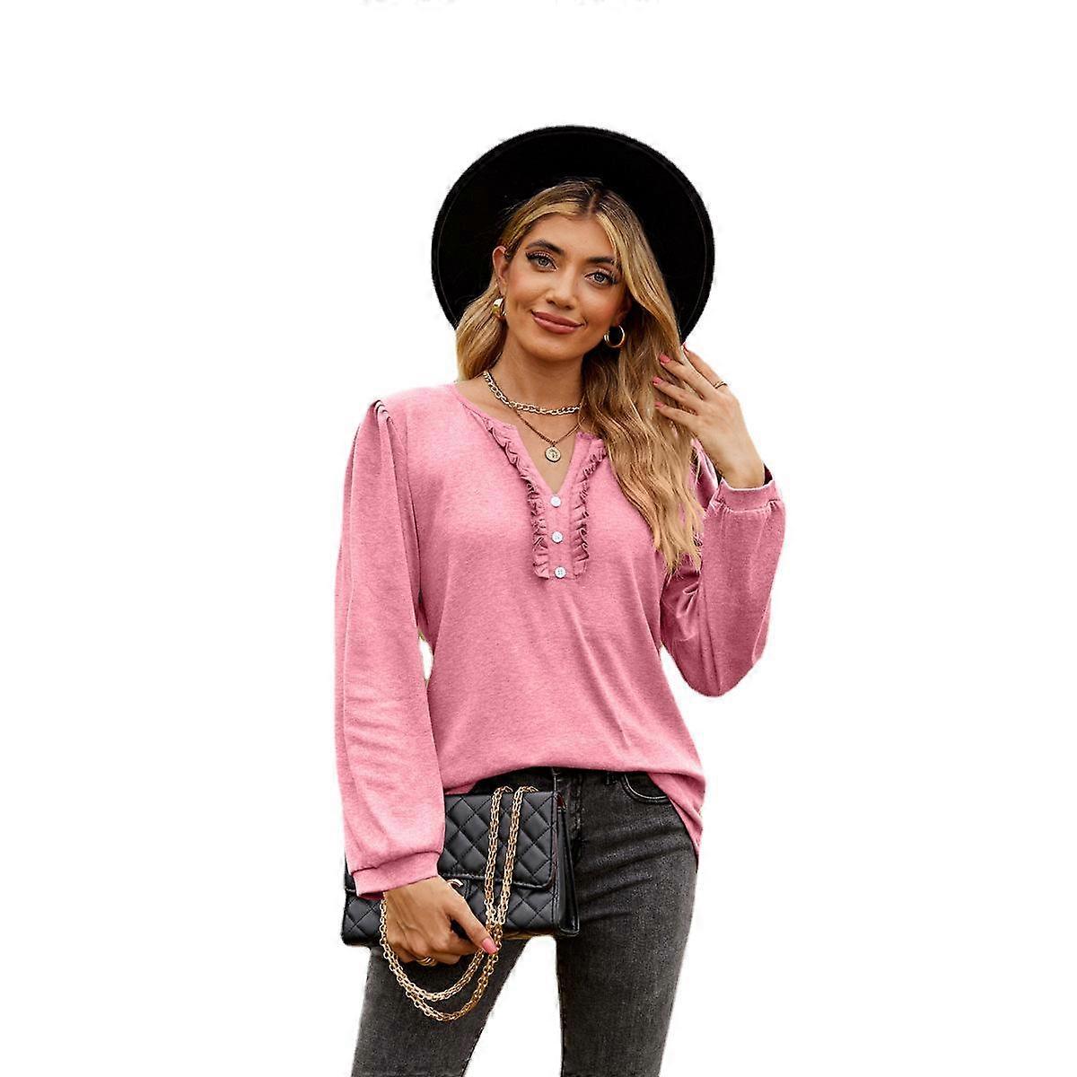 Spring and Autumn Women's Blouse Solid Color V-neck Button Wood Ear Edge Bubble Sleeve Long Sleeve Tops
