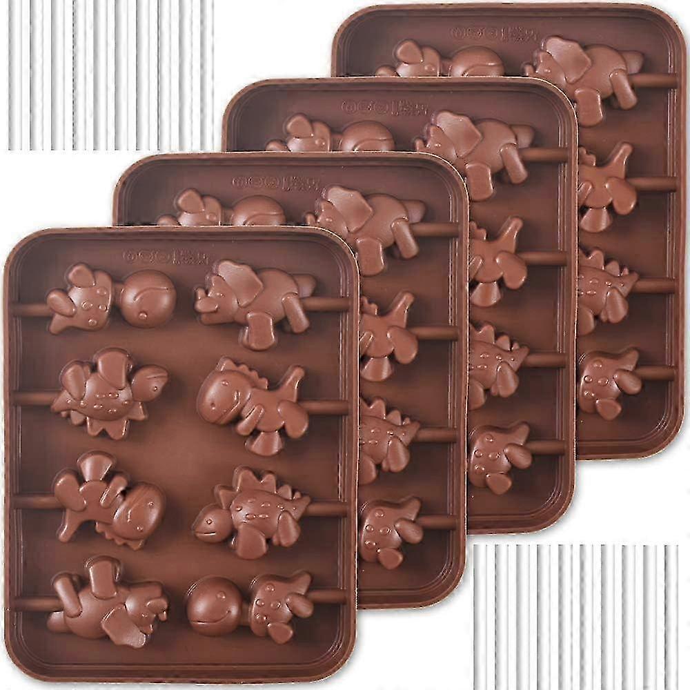Dinosaur Silicone Molds for Lollipops, Set of 4 Non-Stick Molds with 8 Cavities Each, Ideal for Making Chocolate Candy in Blue, Green, and R