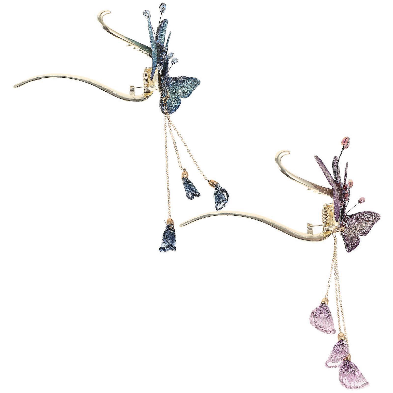 2pcs Embroidered Butterfly Hairpins for Women – Retro Rhinestone Hair Accessories, Sturdy Tassel Design, Versatile for Casual & Formal Occasions,