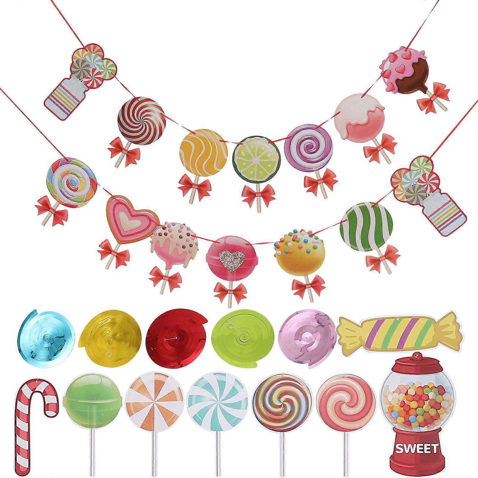 Candy Themed Party Decorations with Hanging Ceiling Swirls, Banner, and Vibrant Spiral Pendants for Indoor and Outdoor Birthday Celebrations at Home,
