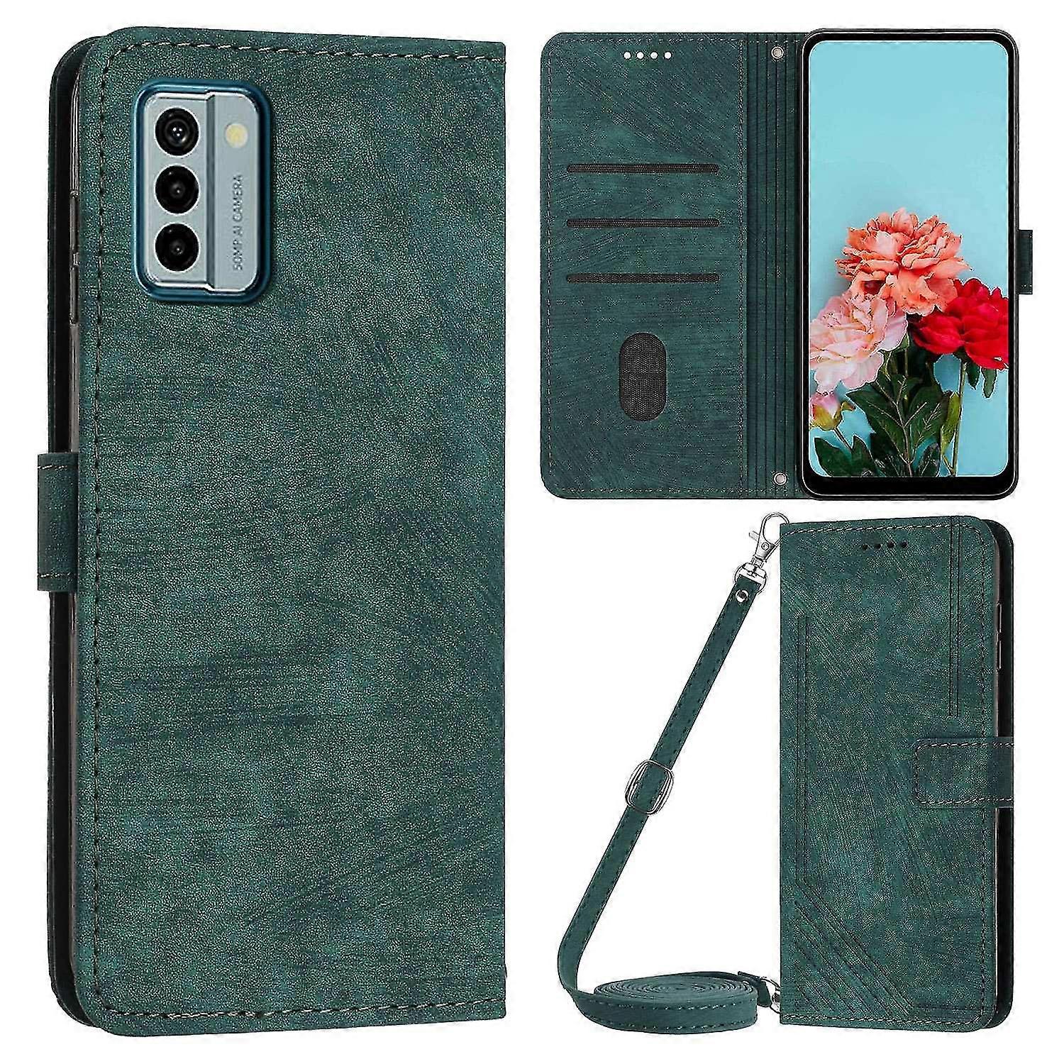 PU Leather Wallet Case Suitable for Certain Brands, Lines Imprinted Stand Phone Cover with Shoulder Strap for Nokia G22
