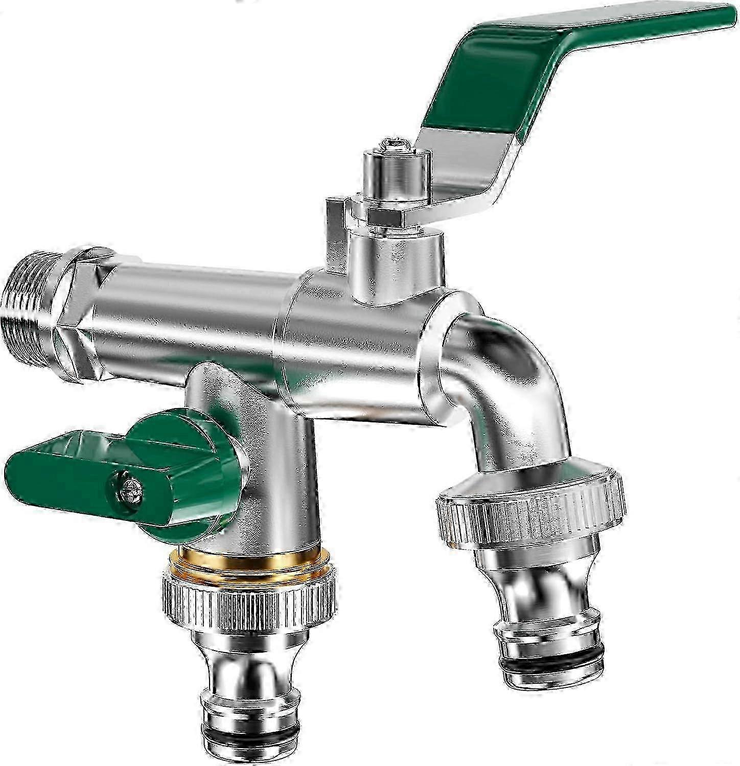 Double Garden Faucet Suitable for Various Brands, brass exterior design, features dual 3/4 outlet and 1/2 inlet, designed to prevent freezin