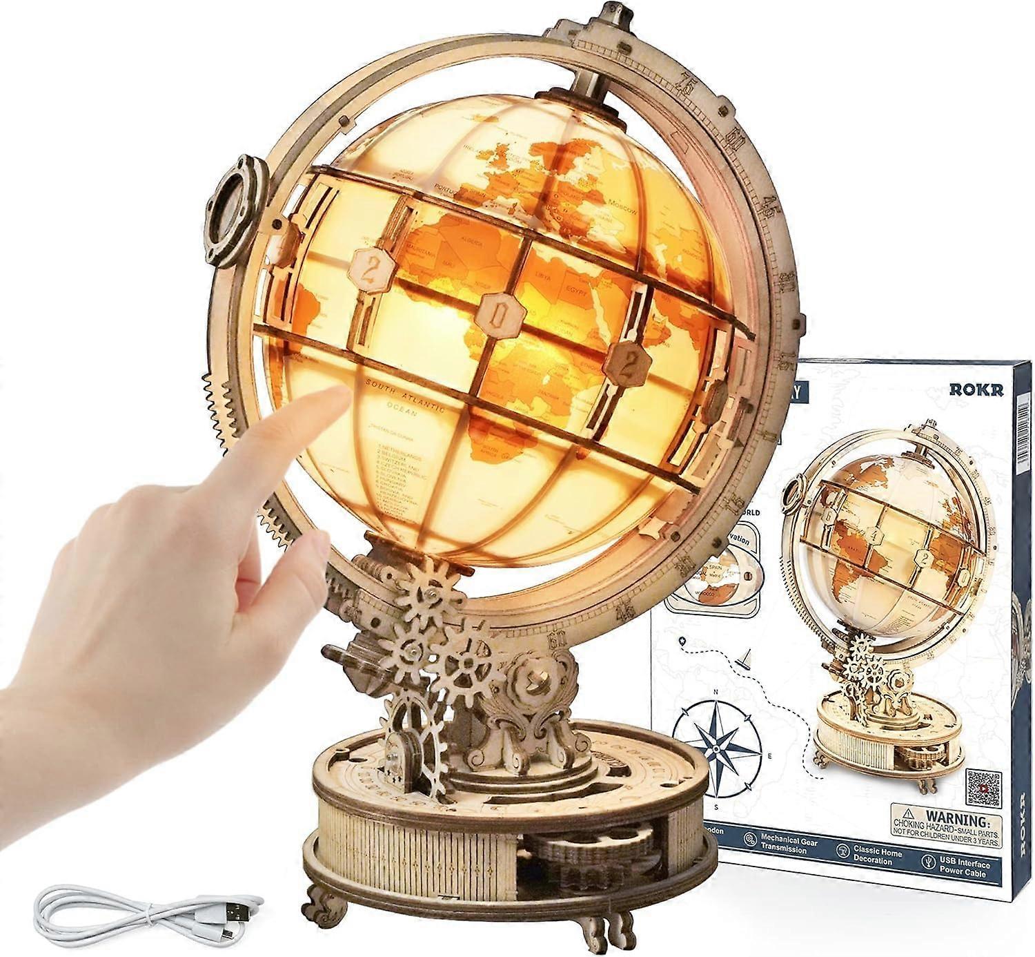 3D Wooden Puzzle Globe for Adults, Luminous Rotatable World Globe Model Making Set with LED Light