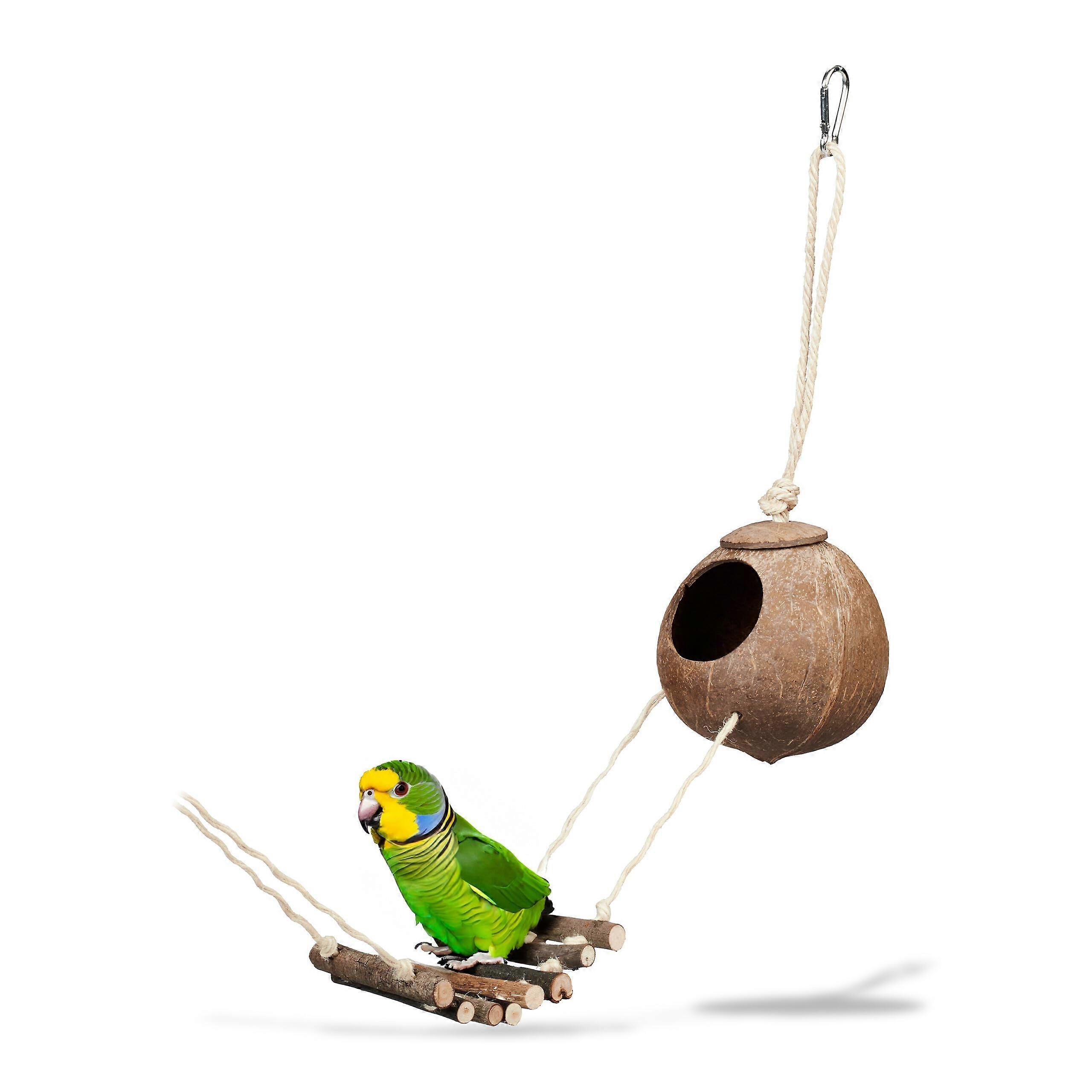 Bird Toy Wooden Ladder with Coconut Shell for Budgie and Canary Bird Cage - Natural Nest Accessory 1 Piece