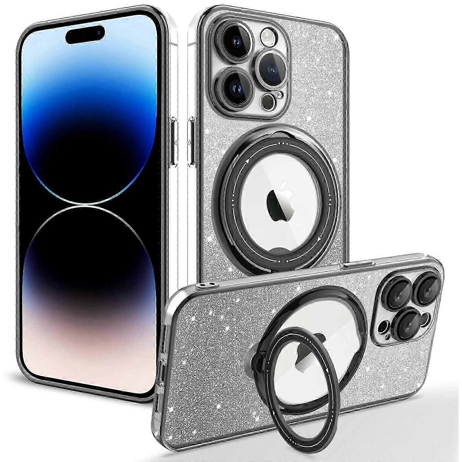 Suitable for Samsung S24 Electroplating Magnetic Suction Protective Pase, Rotating Bracket Flashing Case with Finger Ring