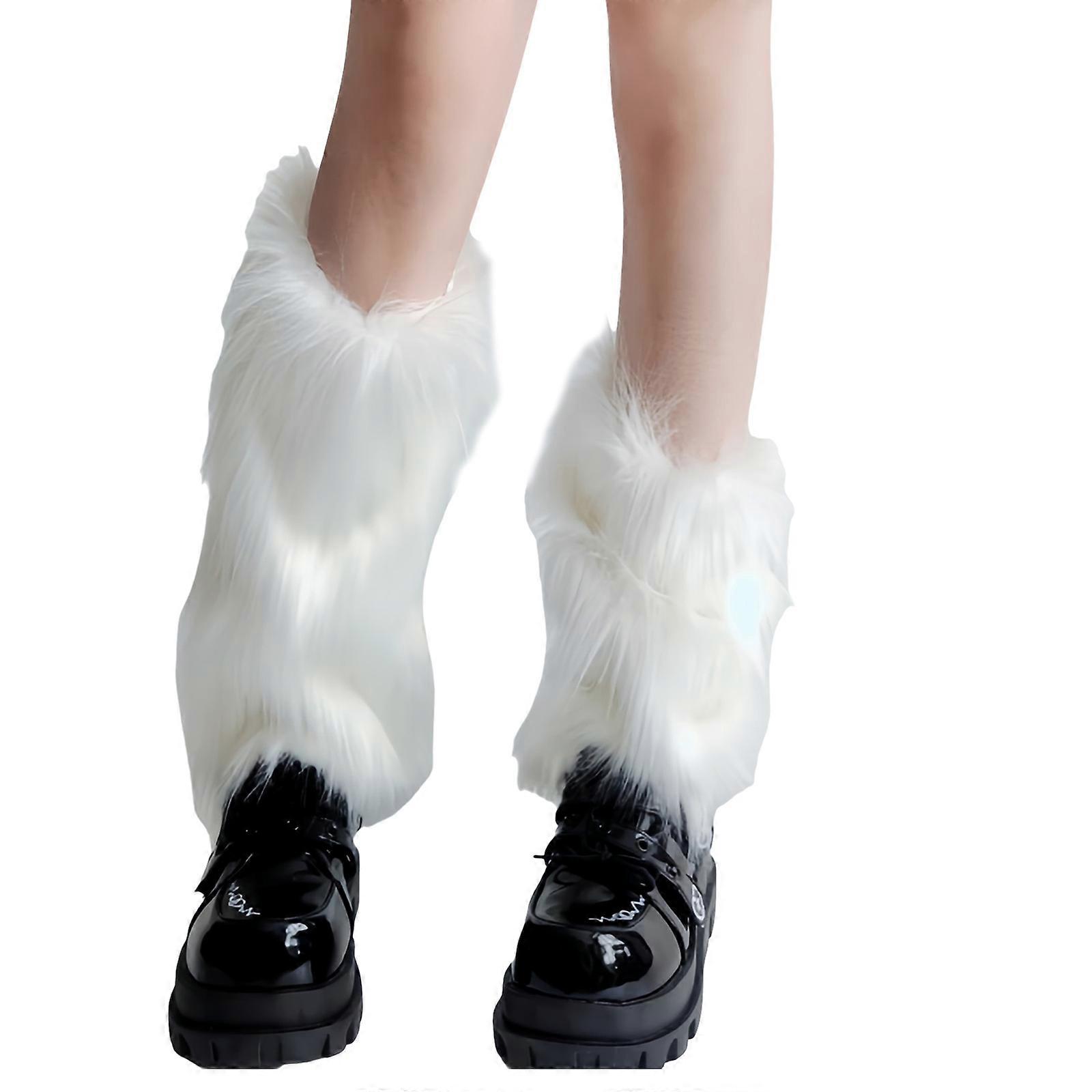 מחממי רגליים תרמיים קטיפה עמידים בפני רוח, הגנה מפני קור, כיסויי מגפיים פרוותיים, גרביים ללא רגליים לנשים, לבן 40 ס"מ