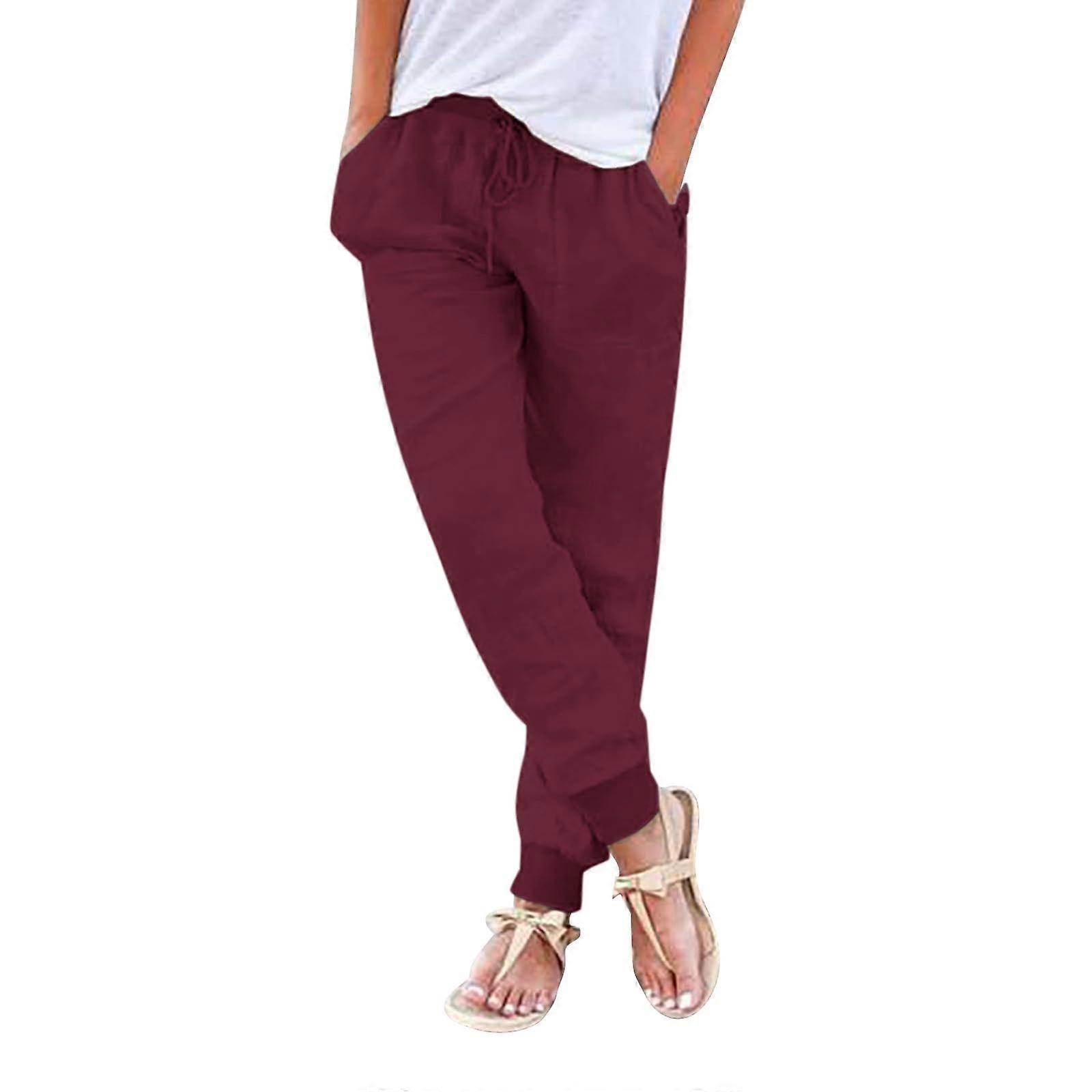 Women's Oversize Cotton Linen Fabric Pants Light Casual Pants with Drawstring Pockets Straight Leg Size L