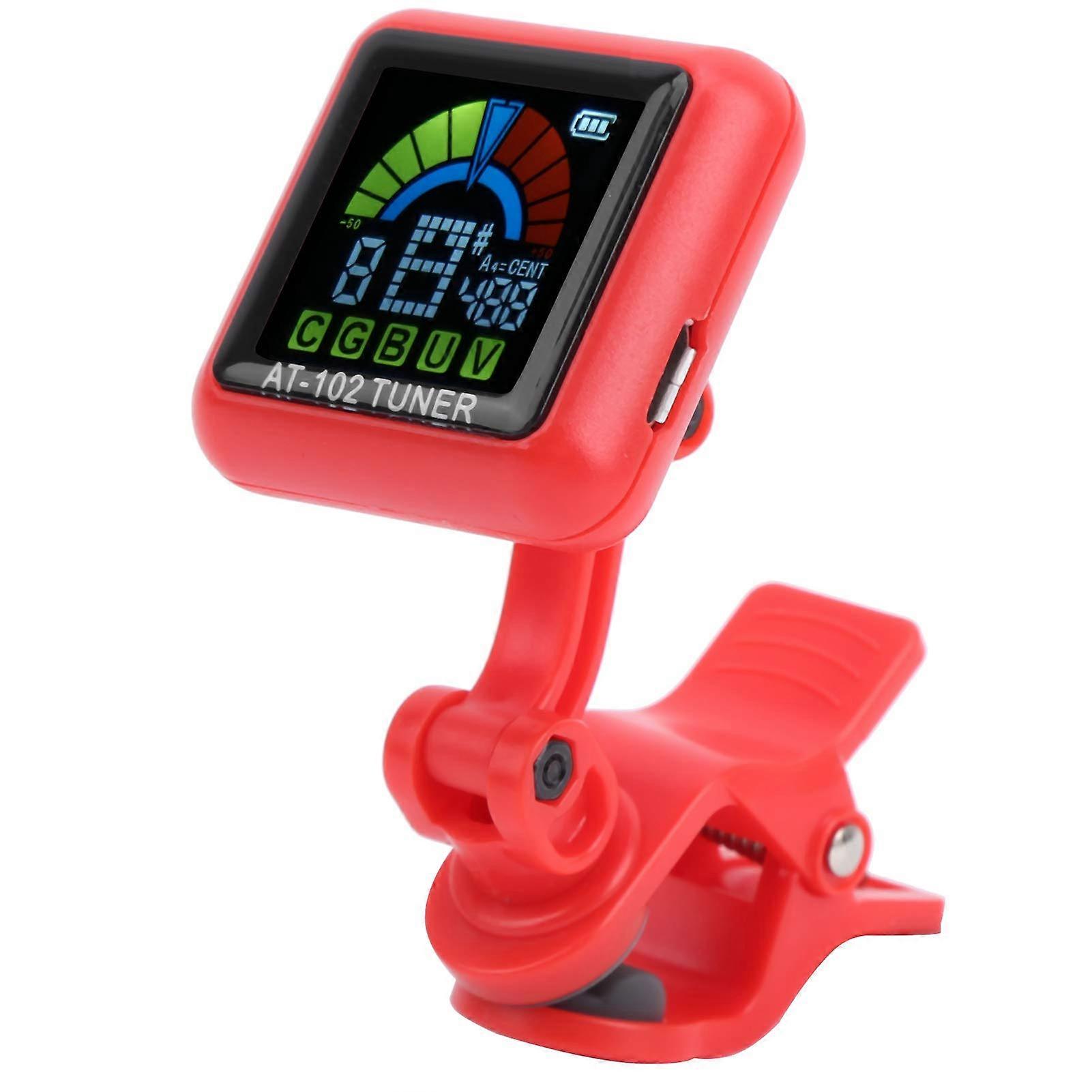 Guitar Clip-On Tuner AT102, Rechargeable USB with Built-In Battery for Violin and Ukulele, Red Color