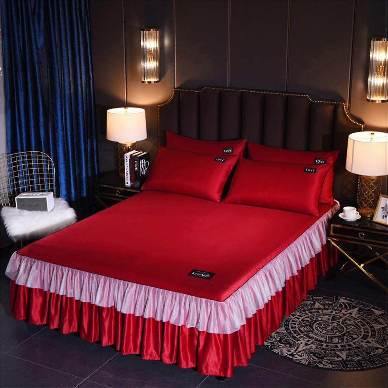 Luxury Solid Silk Bed Skirt, 45.7 cm Drop Length, Twin/Queen Size, Wrinkle and Fade Resistant, Red, Hotel Quality